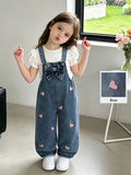 Young Girl Pink Heart Bow Denim Bib Pants