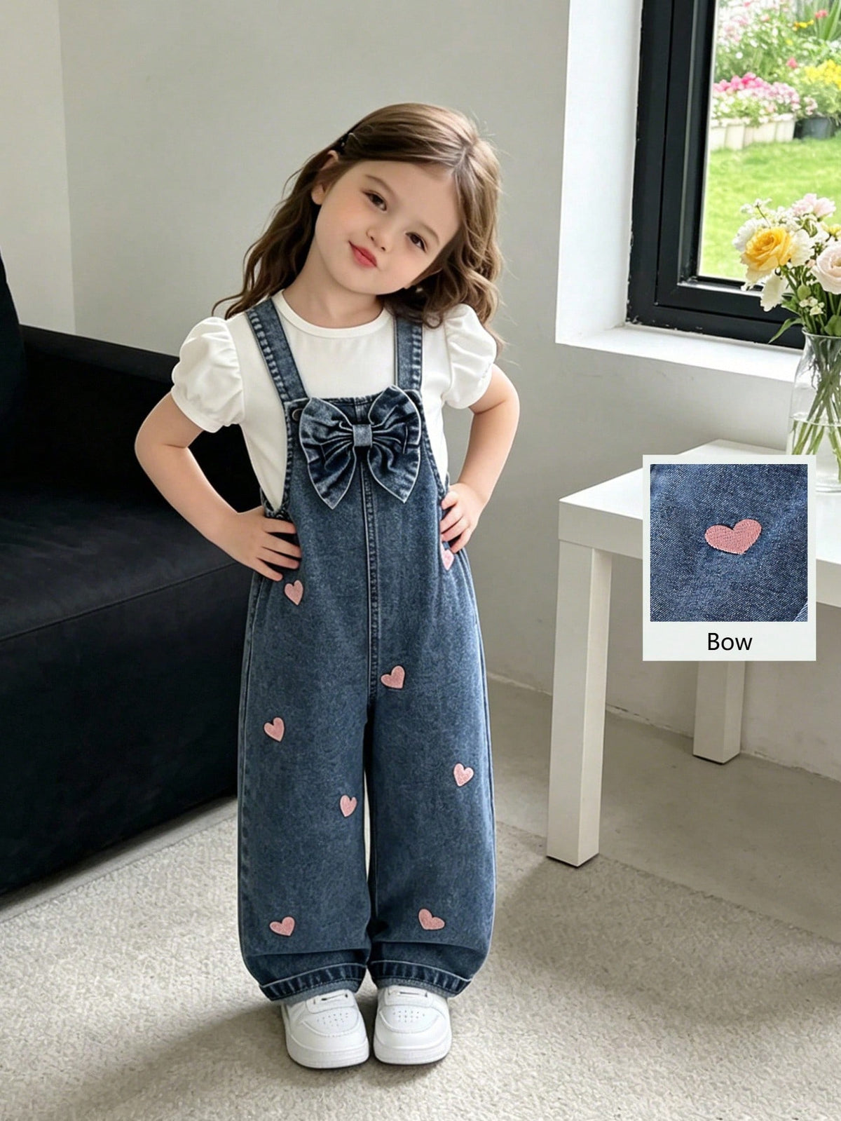 Young Girl Pink Heart Bow Denim Bib Pants