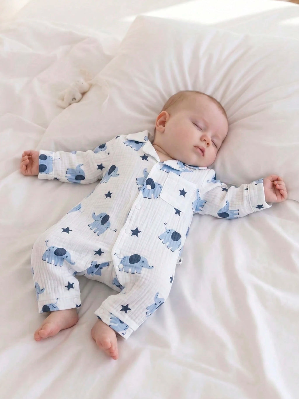 Barboteuse une pièce pour bébé garçon en coton à imprimé éléphant, barboteuse à manches longues avec poche avant, tenue décontractée pour nourrisson, bleue