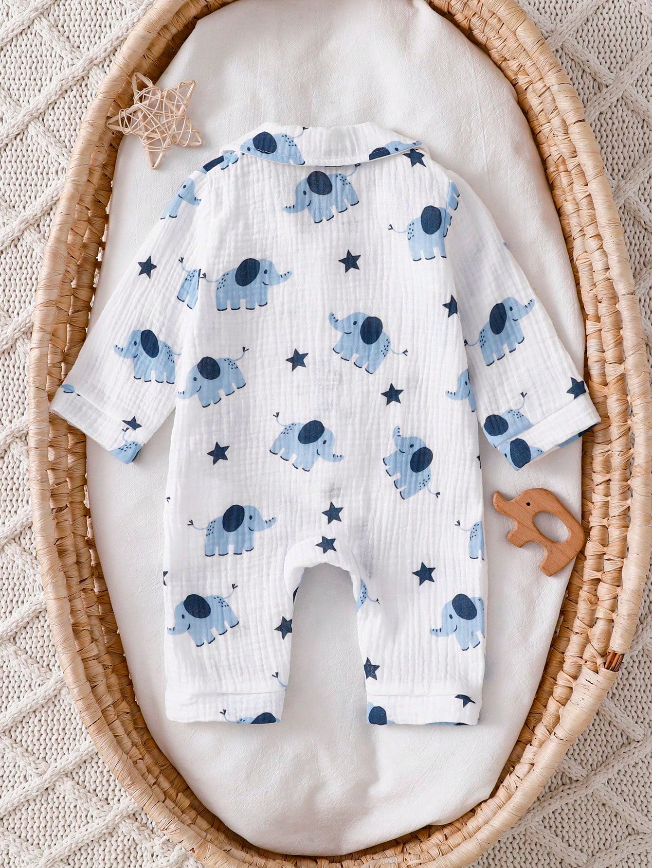 Barboteuse une pièce pour bébé garçon en coton à imprimé éléphant, barboteuse à manches longues avec poche avant, tenue décontractée pour nourrisson, bleue
