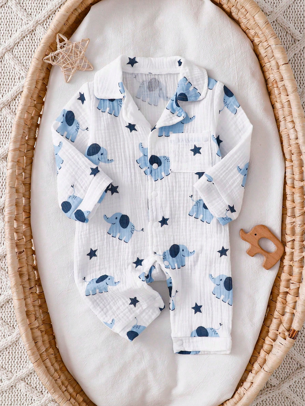 Barboteuse une pièce pour bébé garçon en coton à imprimé éléphant, barboteuse à manches longues avec poche avant, tenue décontractée pour nourrisson, bleue