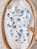 Barboteuse une pièce pour bébé garçon en coton à imprimé éléphant, barboteuse à manches longues avec poche avant, tenue décontractée pour nourrisson, bleue