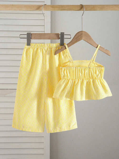 Baby Girl 2-Piece Striped Bow Camisole & Elastic Waist Pants Set Yellow