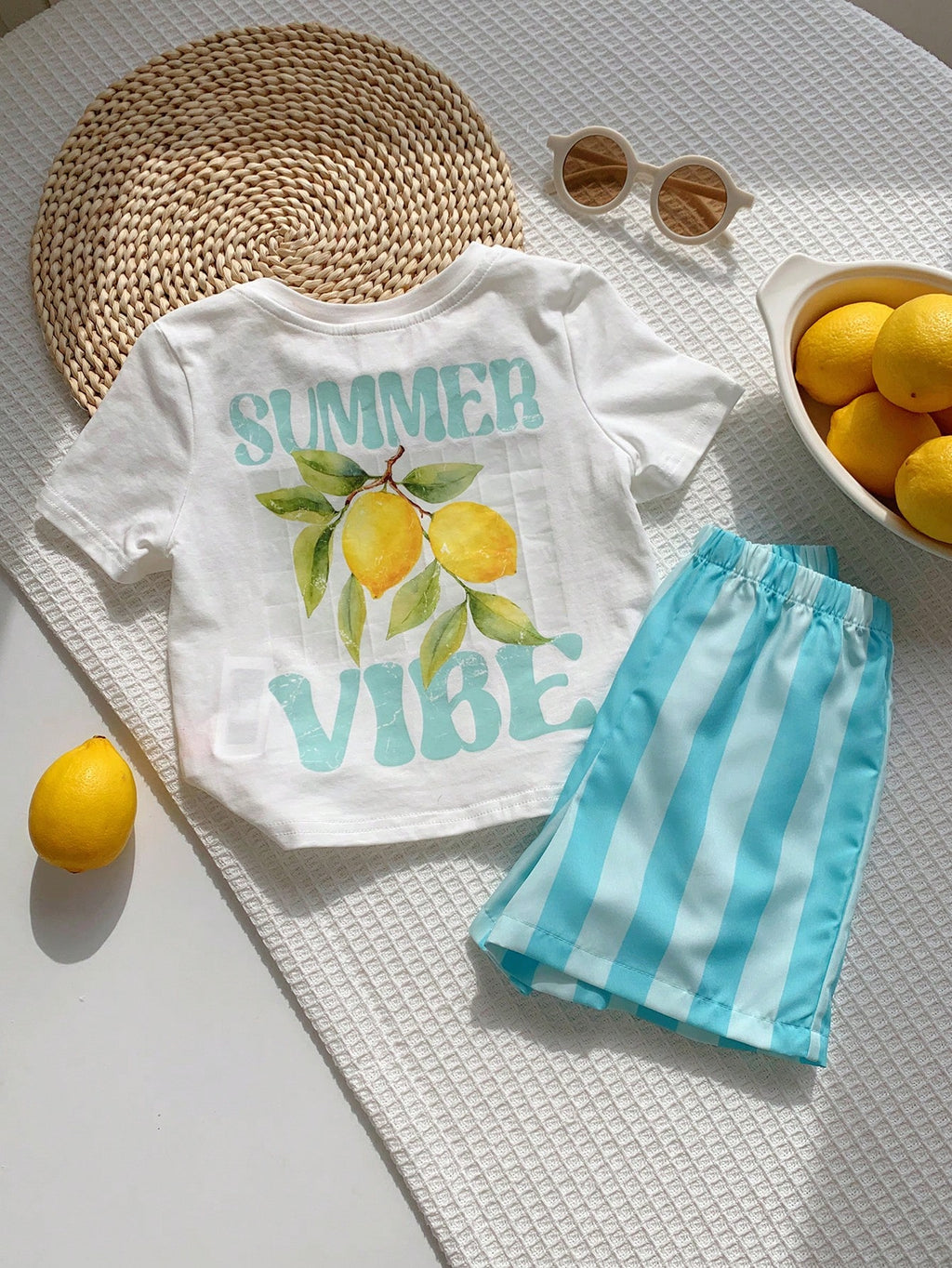 Ensemble 2 pièces bébé unisexe t-shirt imprimé citron et short vert menthe