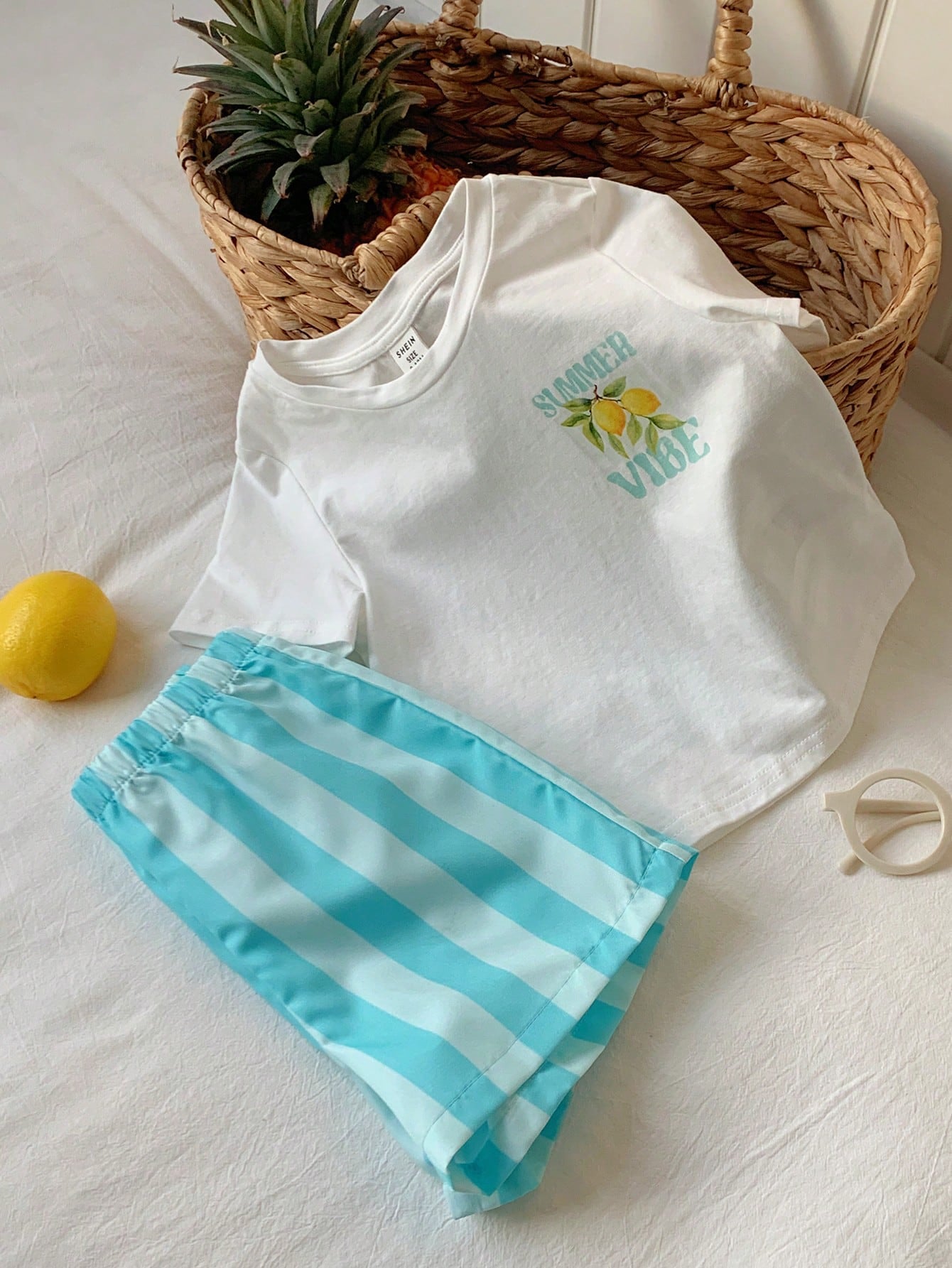Ensemble 2 pièces bébé unisexe t-shirt imprimé citron et short vert menthe