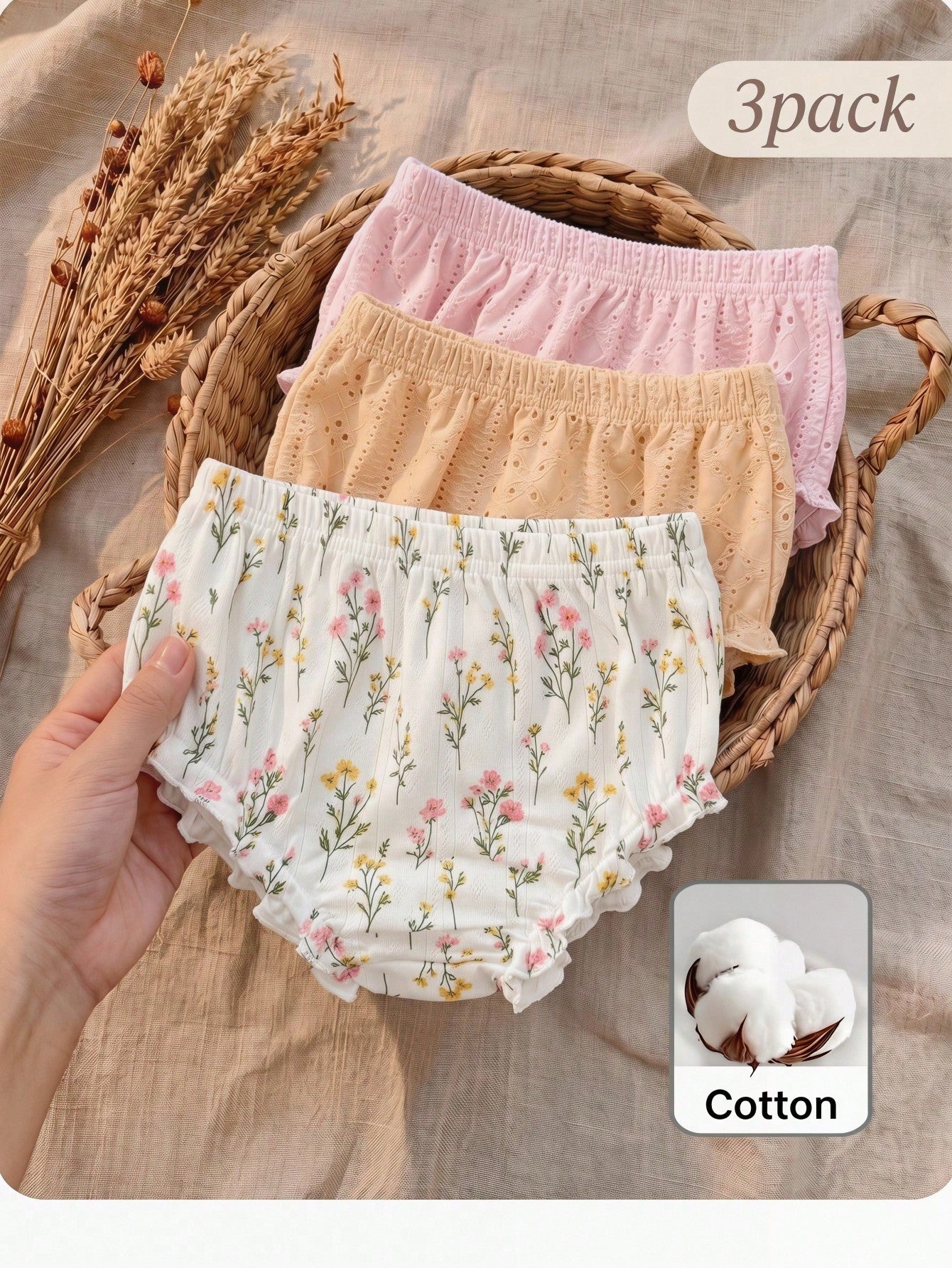 4pcs Baby Girl Knitted Casual Solid Color Elastic Waist Triangle Briefs Multicolor