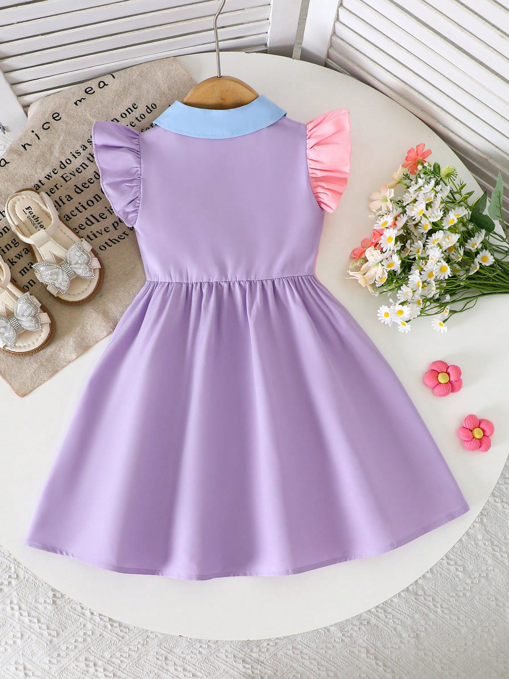 Robe Chemise Fille Colorblock Rose Violet Fleurs 3D