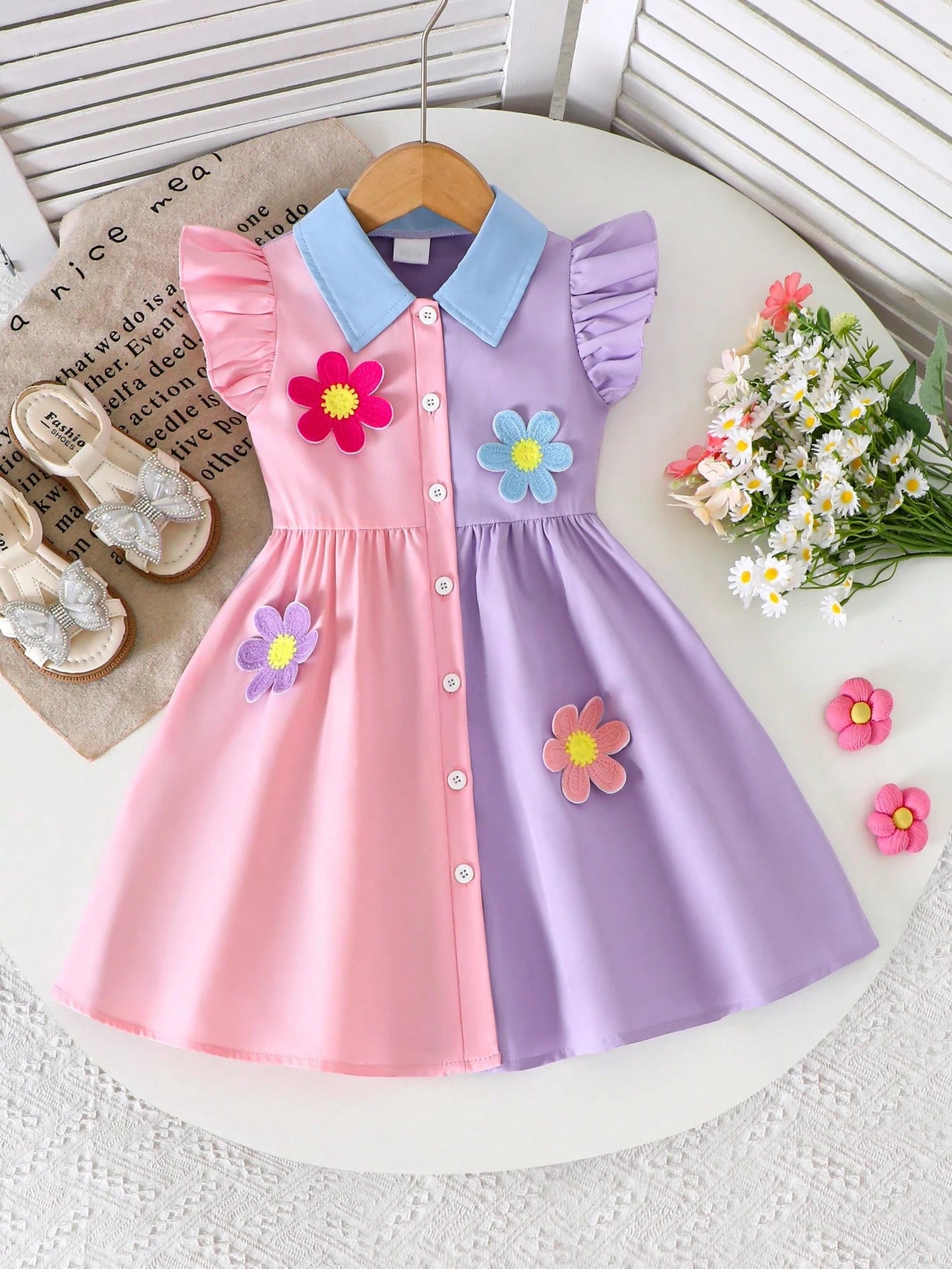 Robe Chemise Fille Colorblock Rose Violet Fleurs 3D