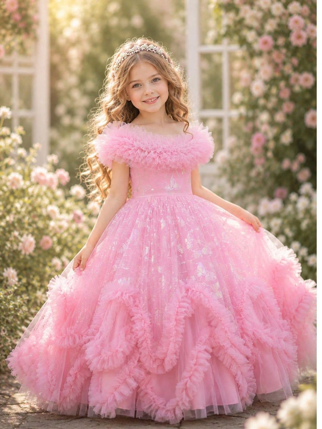 Glitter Puff Mesh Floral Print Party Dress For Young Girls Princess