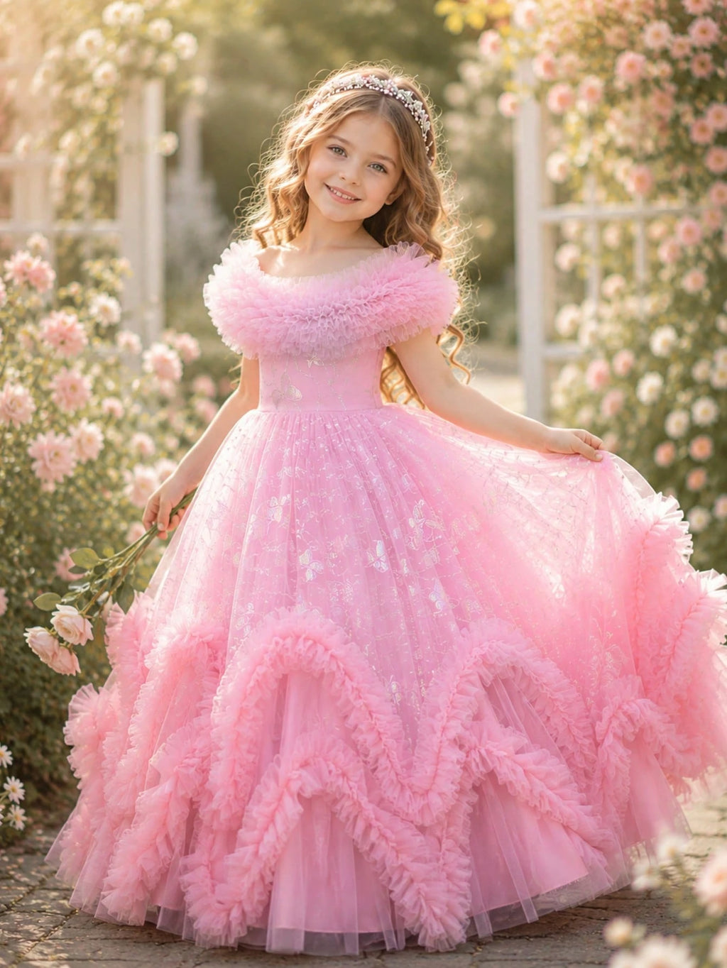 Glitter Puff Mesh Floral Print Party Dress For Young Girls Princess