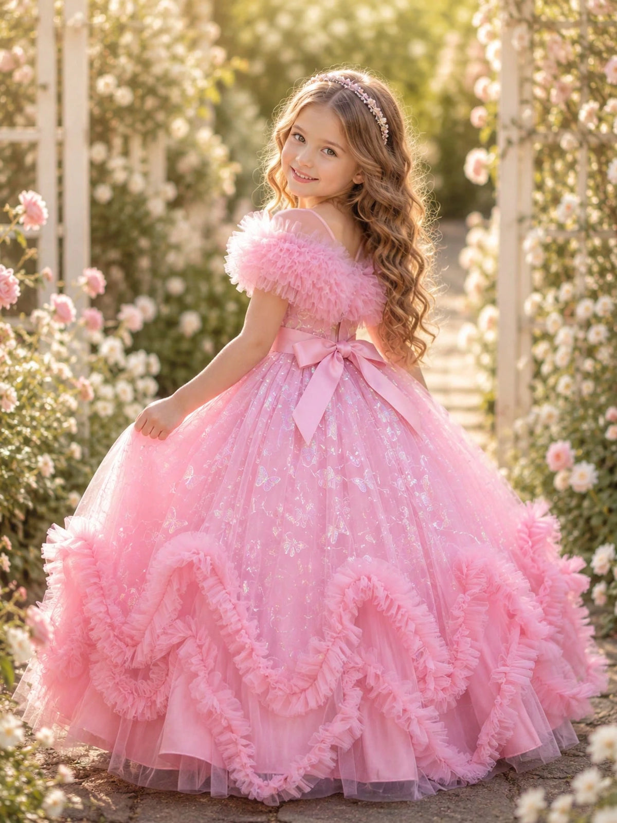 Glitter Puff Mesh Floral Print Party Dress For Young Girls Princess