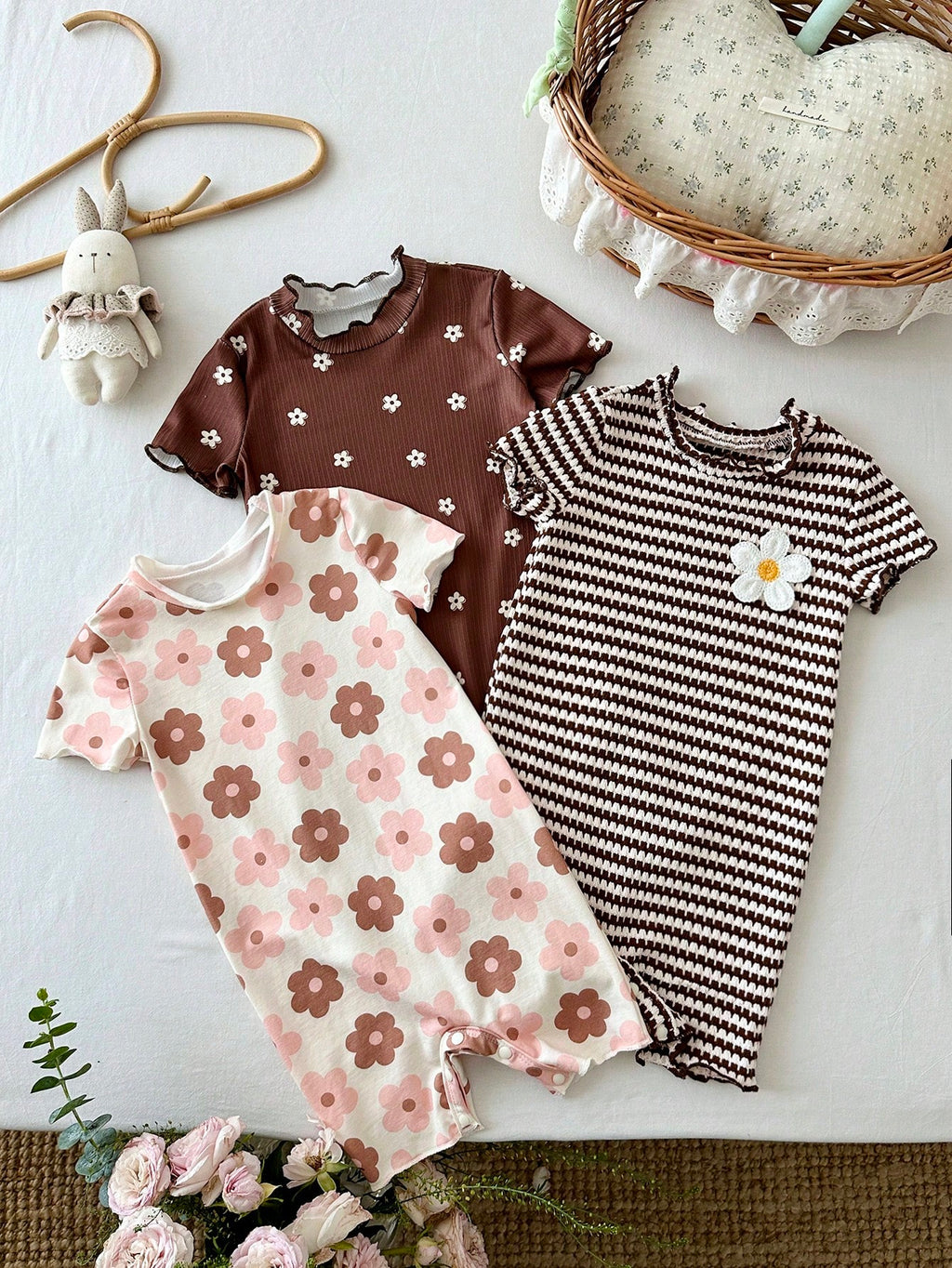 LMoss Kids 3pcs Baby Girl Knitted Cute Floral Pattern Casual Romper Set Multicolor