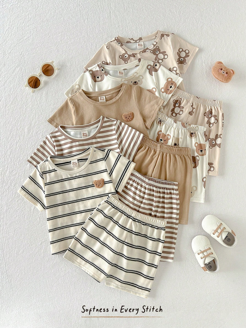 Cozy Pixies Baby Boy Cartoon Bear & Stripes Pattern Crew Neck Short Sleeve Pullover Top & Elastic Waist Shorts 5-Piece Set Multicolor