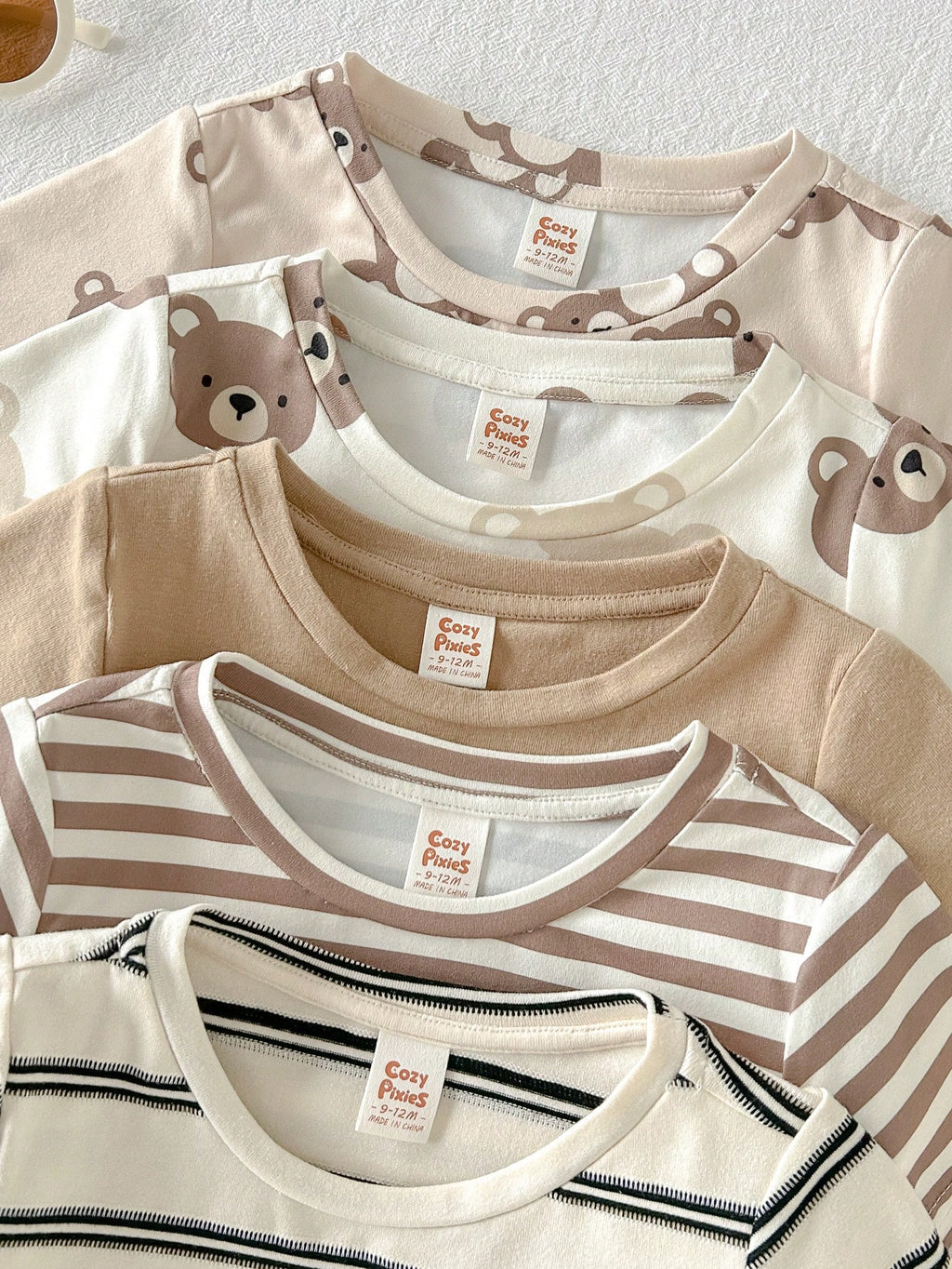 Cozy Pixies Baby Boy Cartoon Bear & Stripes Pattern Crew Neck Short Sleeve Pullover Top & Elastic Waist Shorts 5-Piece Set Multicolor
