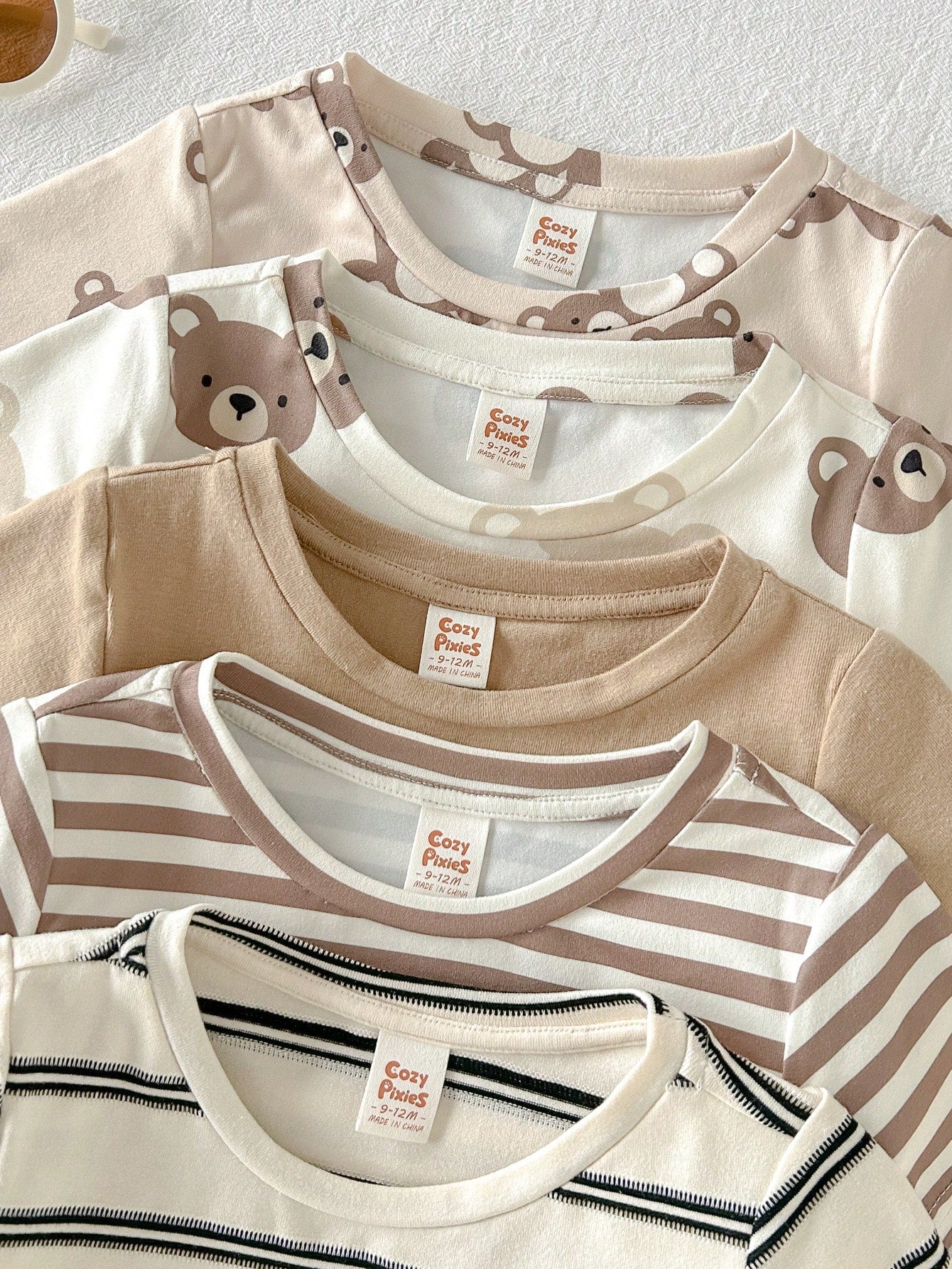 Cozy Pixies Baby Boy Cartoon Bear & Stripes Pattern Crew Neck Short Sleeve Pullover Top & Elastic Waist Shorts 5-Piece Set Multicolor