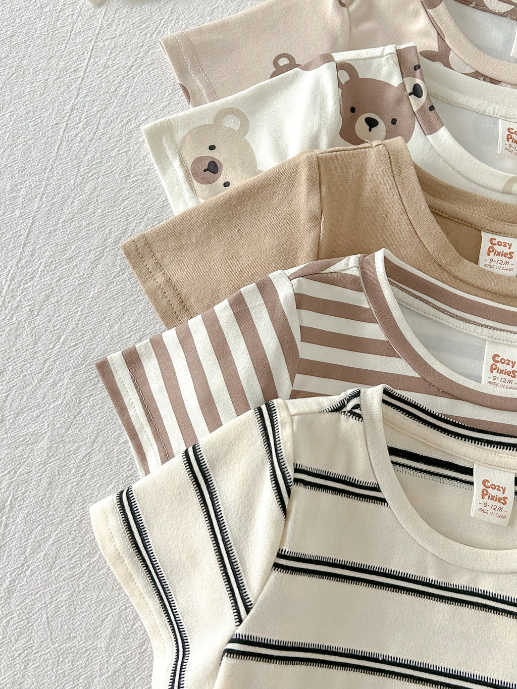 Cozy Pixies Baby Boy Cartoon Bear & Stripes Pattern Crew Neck Short Sleeve Pullover Top & Elastic Waist Shorts 5-Piece Set Multicolor