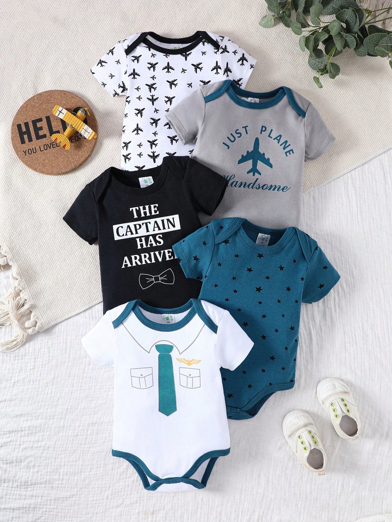 DILAVEL 5pcs Navy Blue Element Print Round Neck Short Sleeve Romper Set, Suitable For Boys, Girls And Infants, Triangular Style, Fashion Outfit For Summer, Autumn, Outdoor Blue