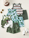 SHEIN 5pcs/Set Unisex Baby Clothes, Cute Casual Knit Striped Cartoon Bear Pattern Vest, Versatile All-Match Tops, Adorable Summer Tops Multicolor