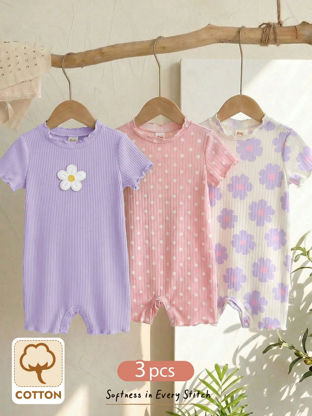 Ensemble 3 pièces de bodys à rayures et à fleurs pour bébé fille Bambinoo x Cozy Pixies