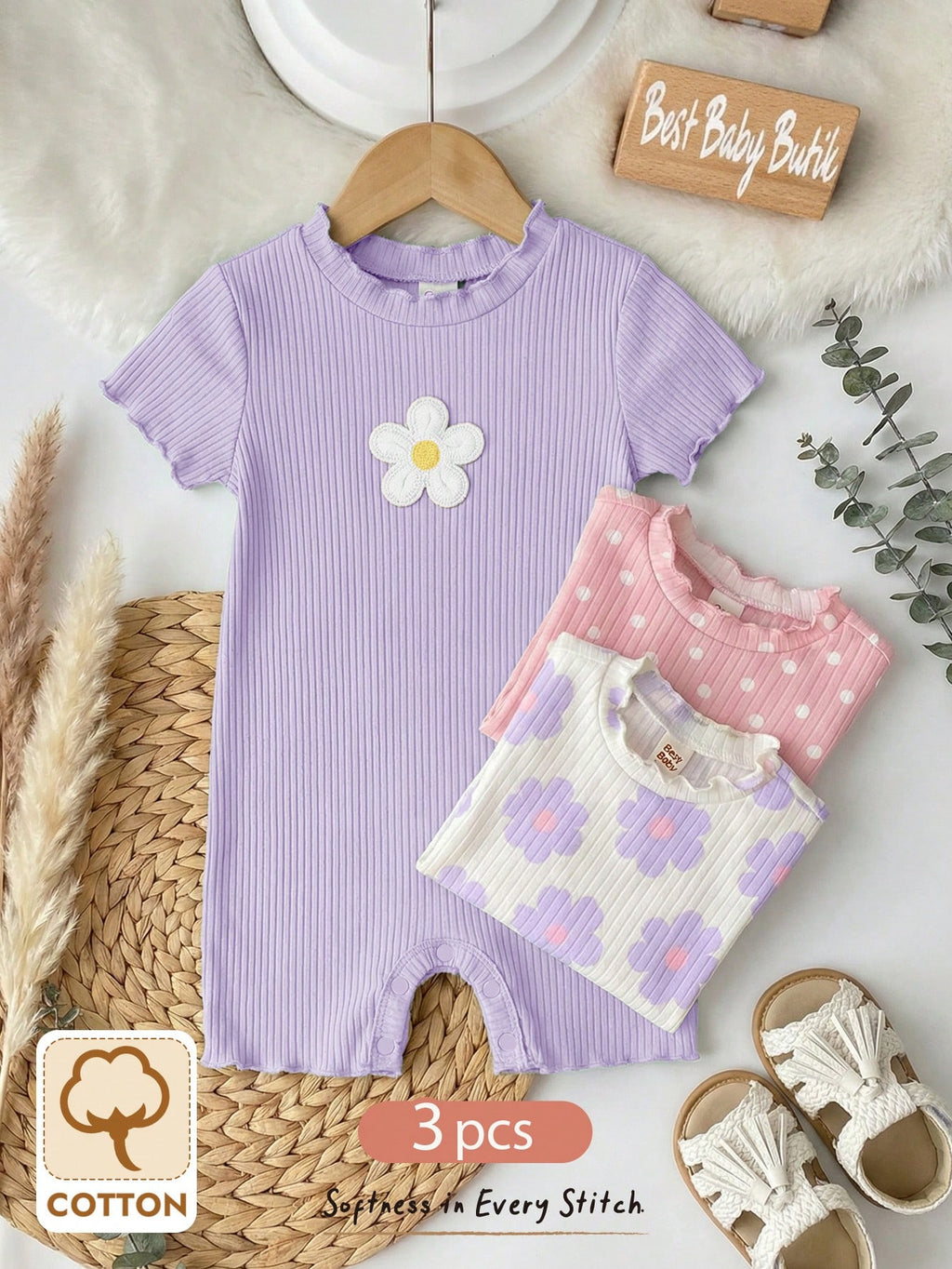 Ensemble 3 pièces de bodys à rayures et à fleurs pour bébé fille Bambinoo x Cozy Pixies