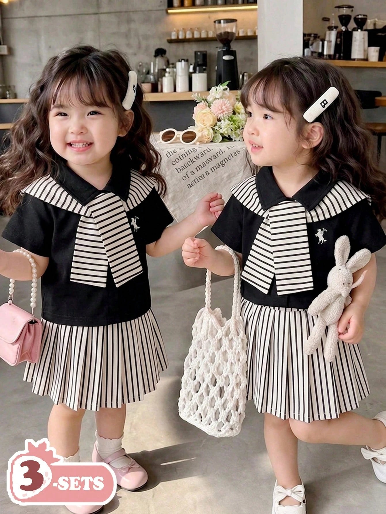 SHEIN Ensemble 3 pièces fantaisie pour bébé fille : chemise rayée, châle et jupe plissée multicolore