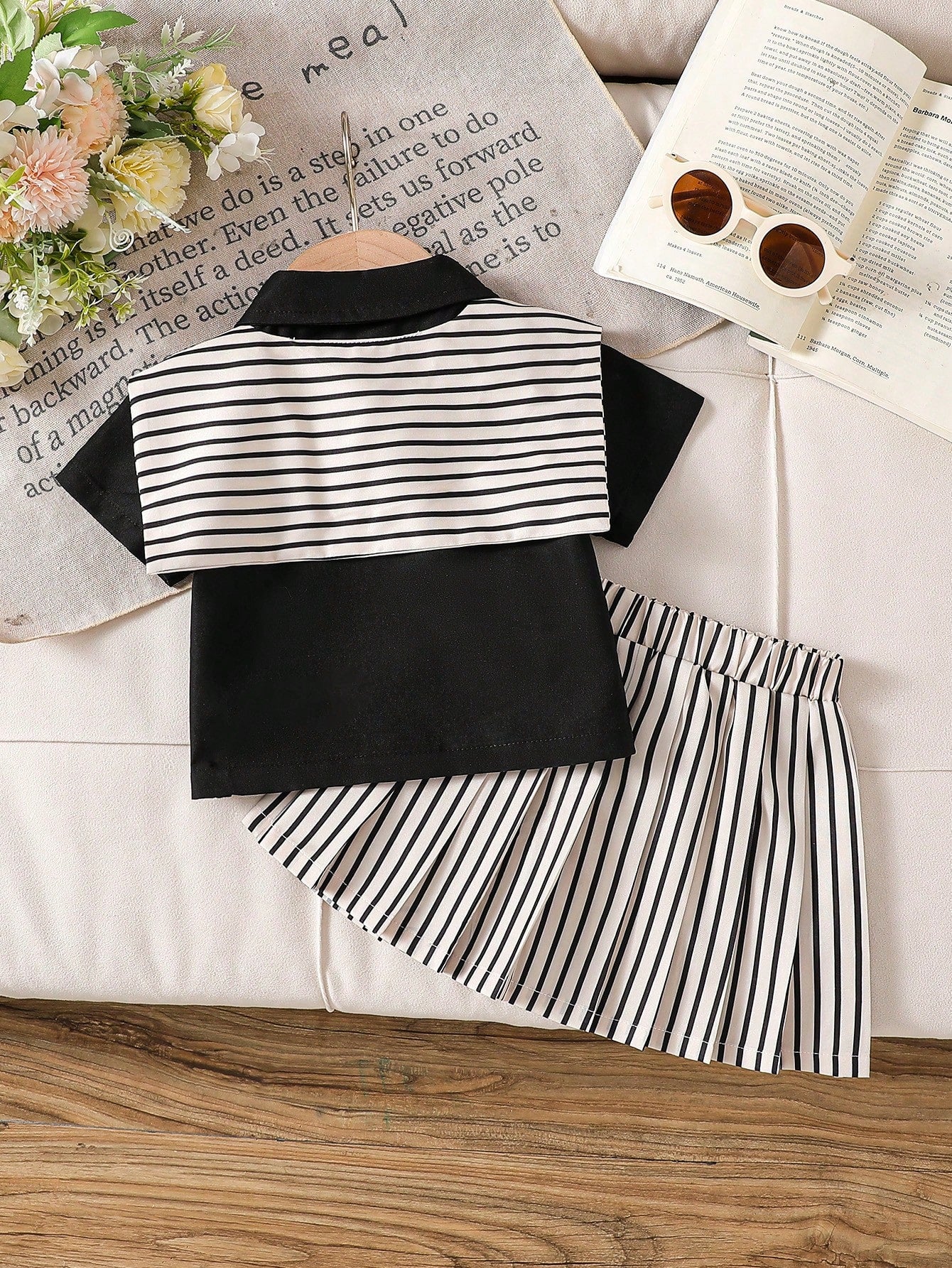 SHEIN Ensemble 3 pièces fantaisie pour bébé fille : chemise rayée, châle et jupe plissée multicolore