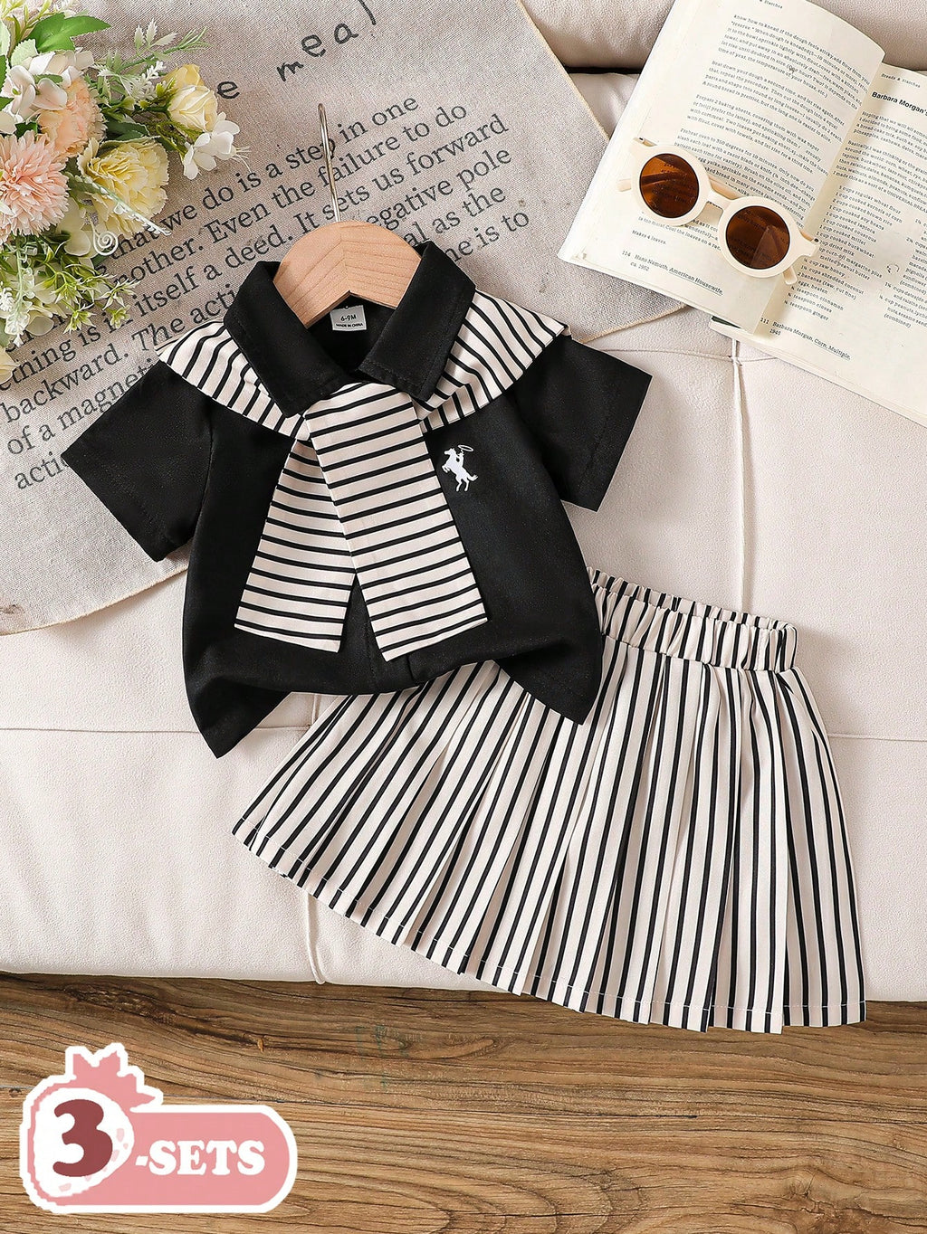 SHEIN Ensemble 3 pièces fantaisie pour bébé fille : chemise rayée, châle et jupe plissée multicolore