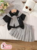 SHEIN Ensemble 3 pièces fantaisie pour bébé fille : chemise rayée, châle et jupe plissée multicolore