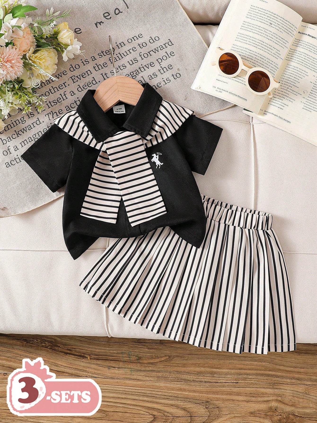 SHEIN Ensemble 3 pièces fantaisie pour bébé fille : chemise rayée, châle et jupe plissée multicolore