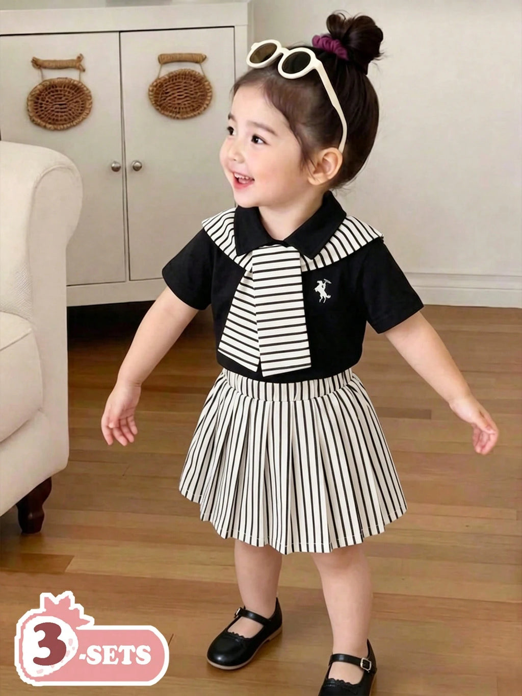 SHEIN Ensemble 3 pièces fantaisie pour bébé fille : chemise rayée, châle et jupe plissée multicolore