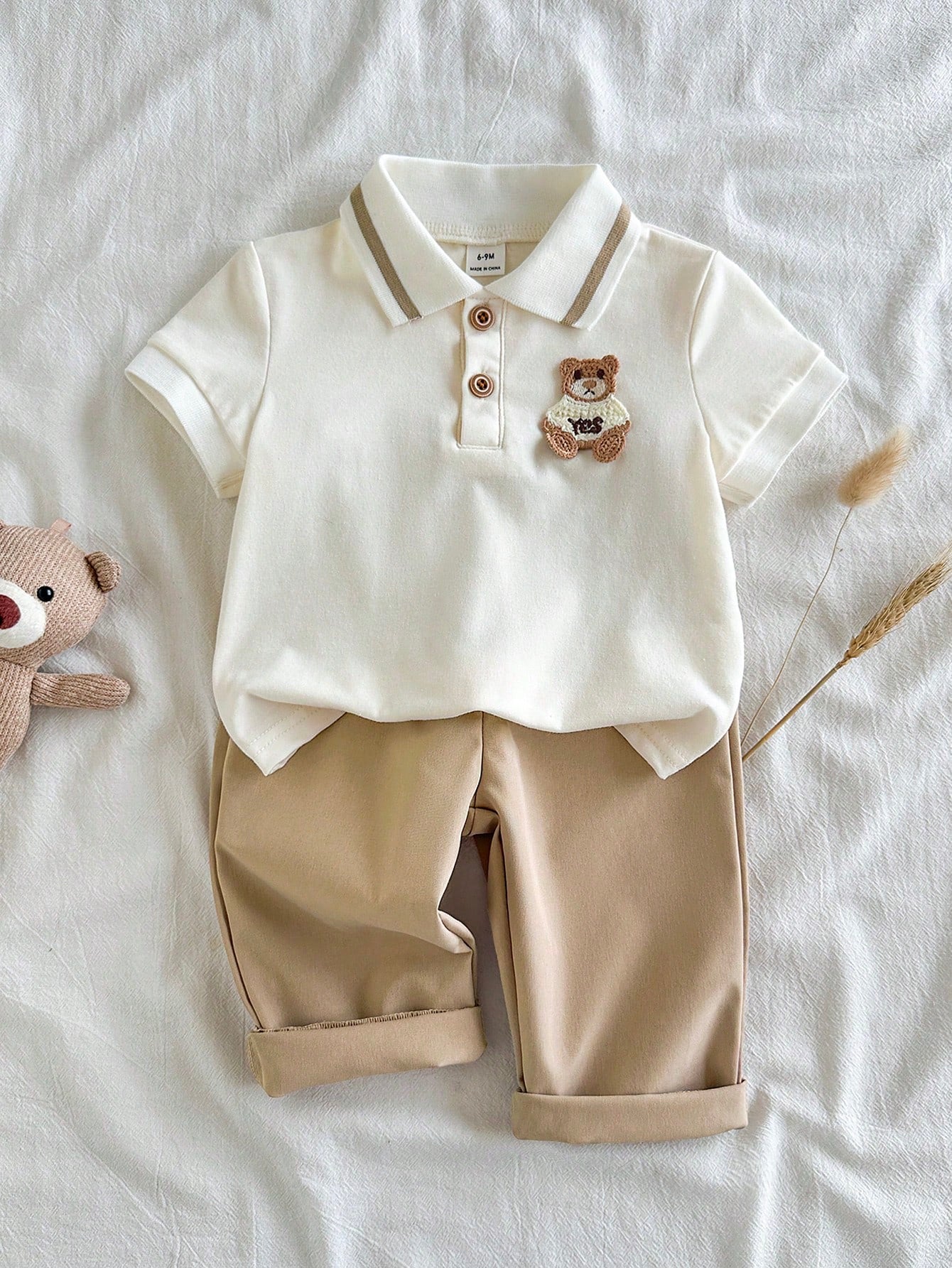 Vintaside Baby Boy Embroidered Bear Polo & Pants Set