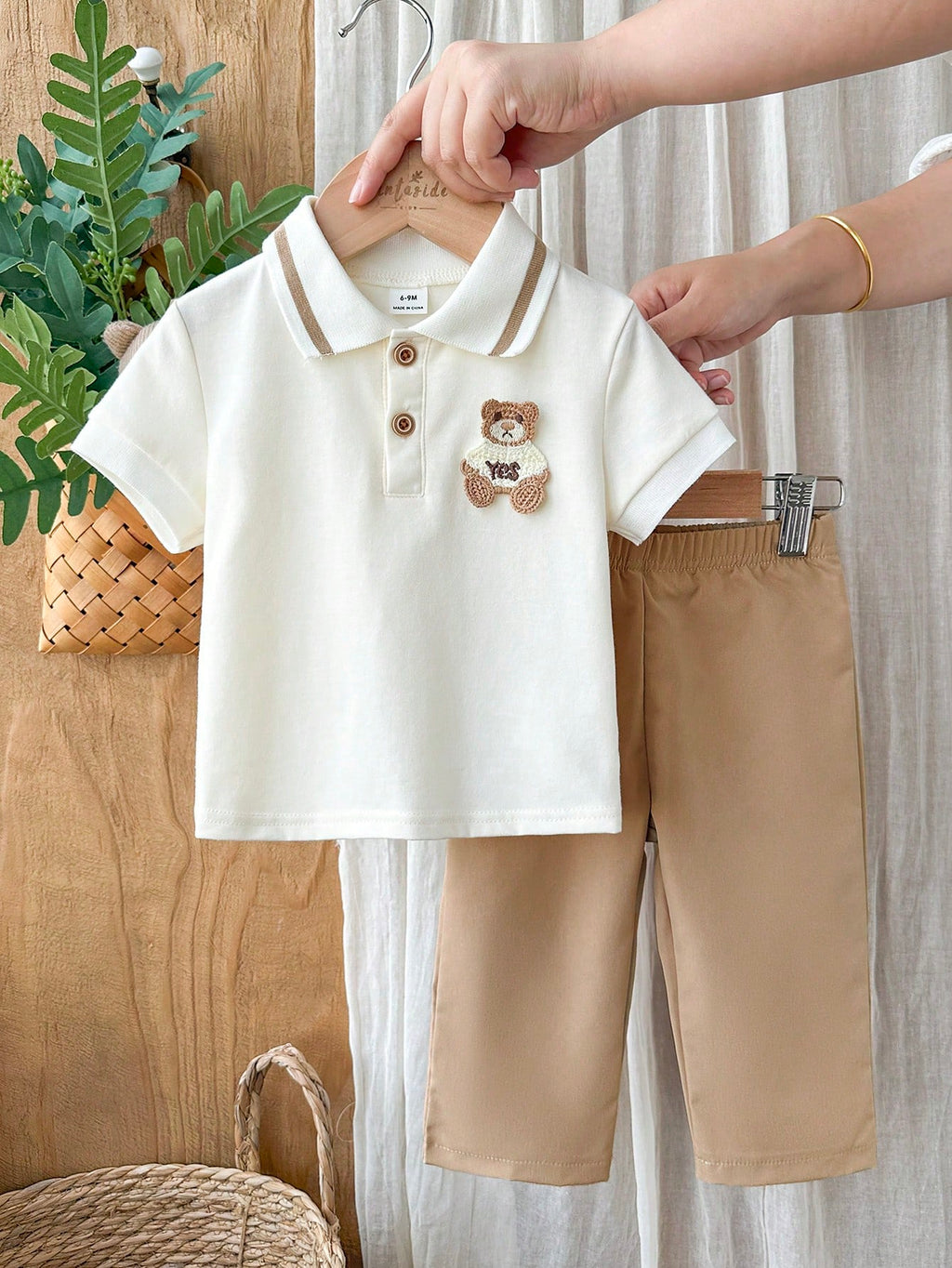Vintaside Baby Boy Embroidered Bear Polo & Pants Set