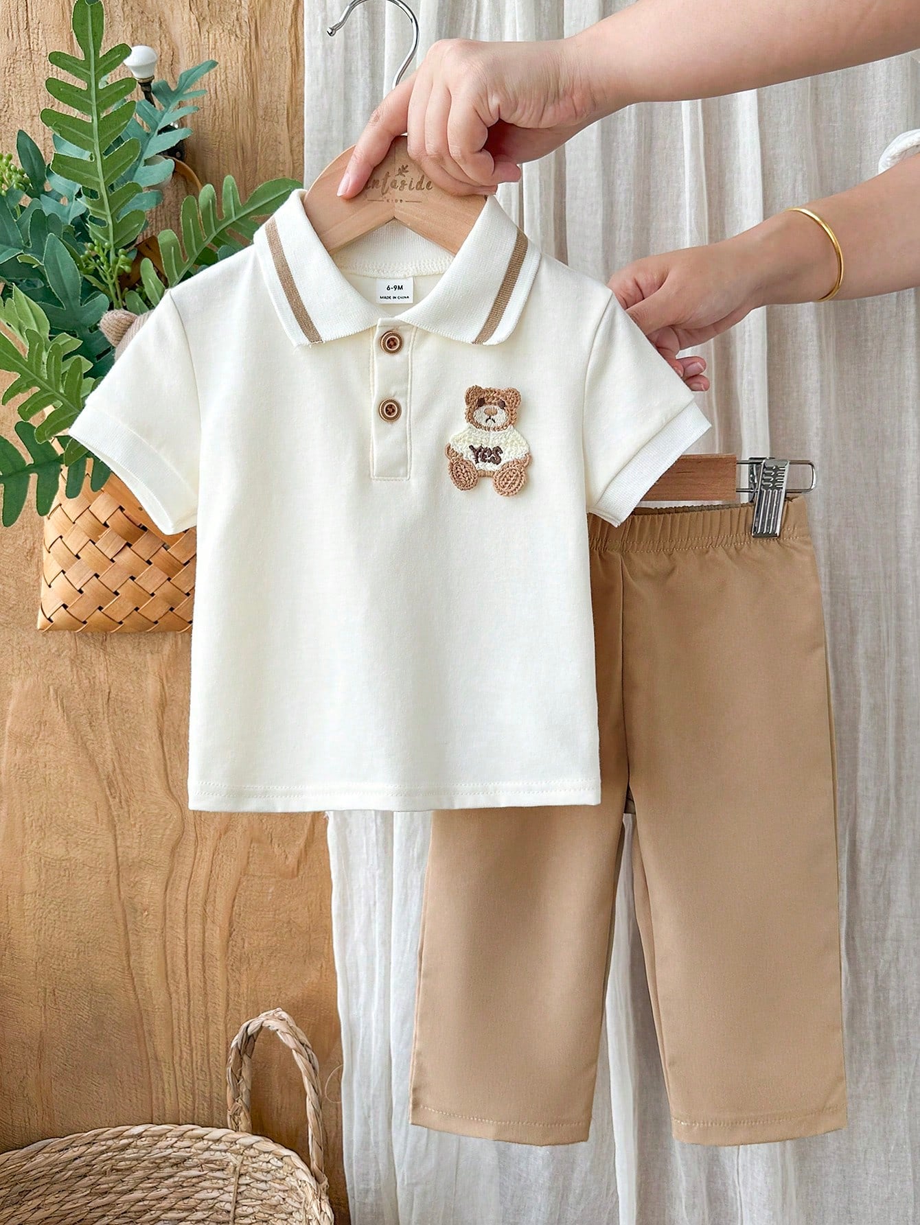 Vintaside Baby Boy Embroidered Bear Polo & Pants Set