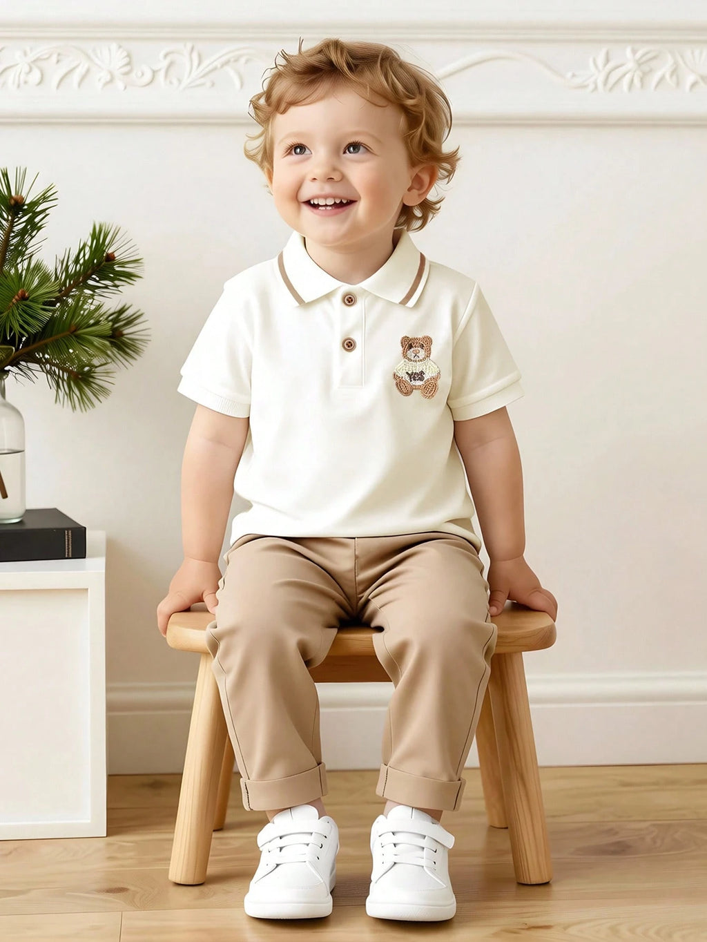 Vintaside Baby Boy Embroidered Bear Polo & Pants Set