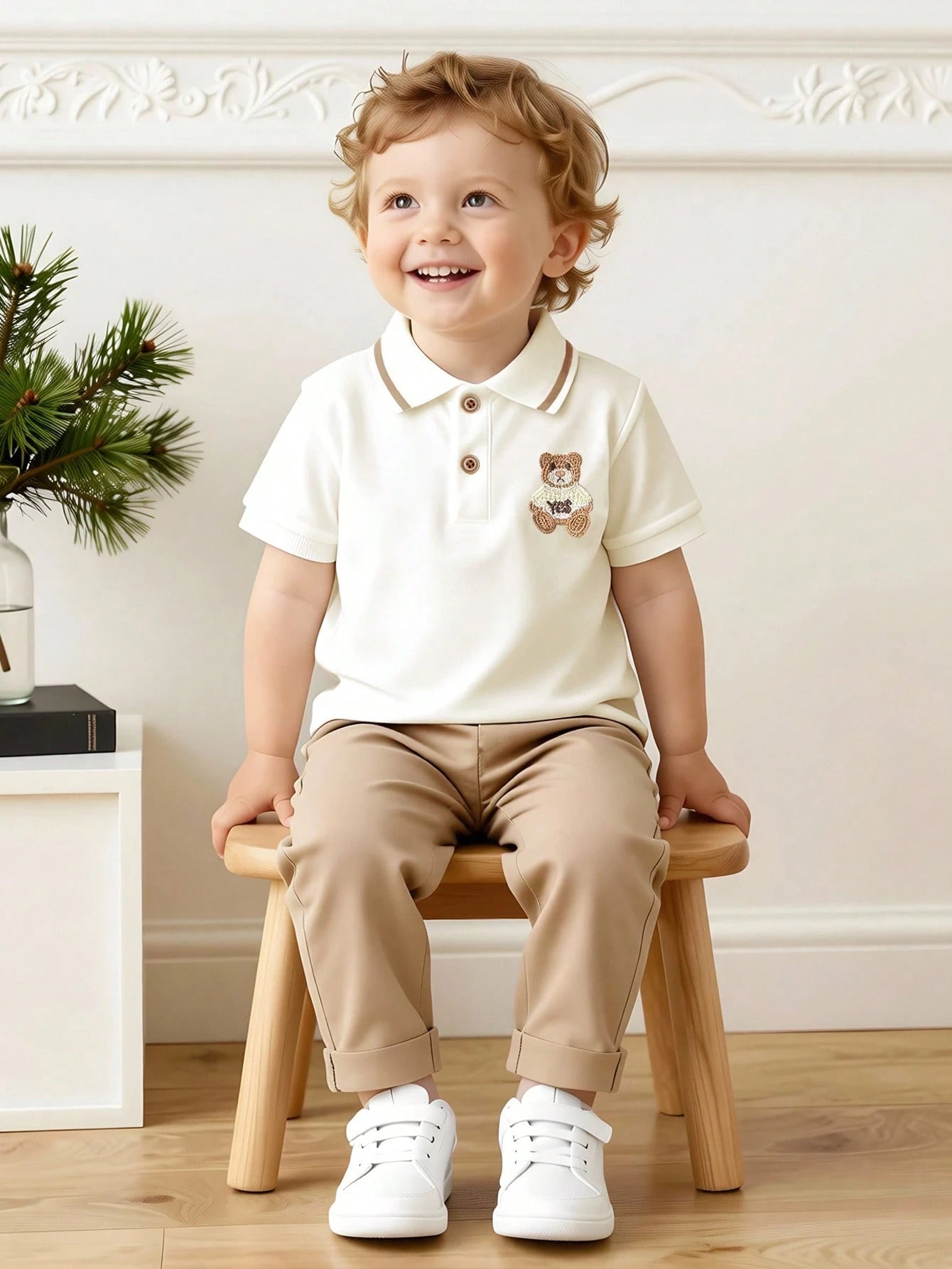 Vintaside Baby Boy Embroidered Bear Polo & Pants Set