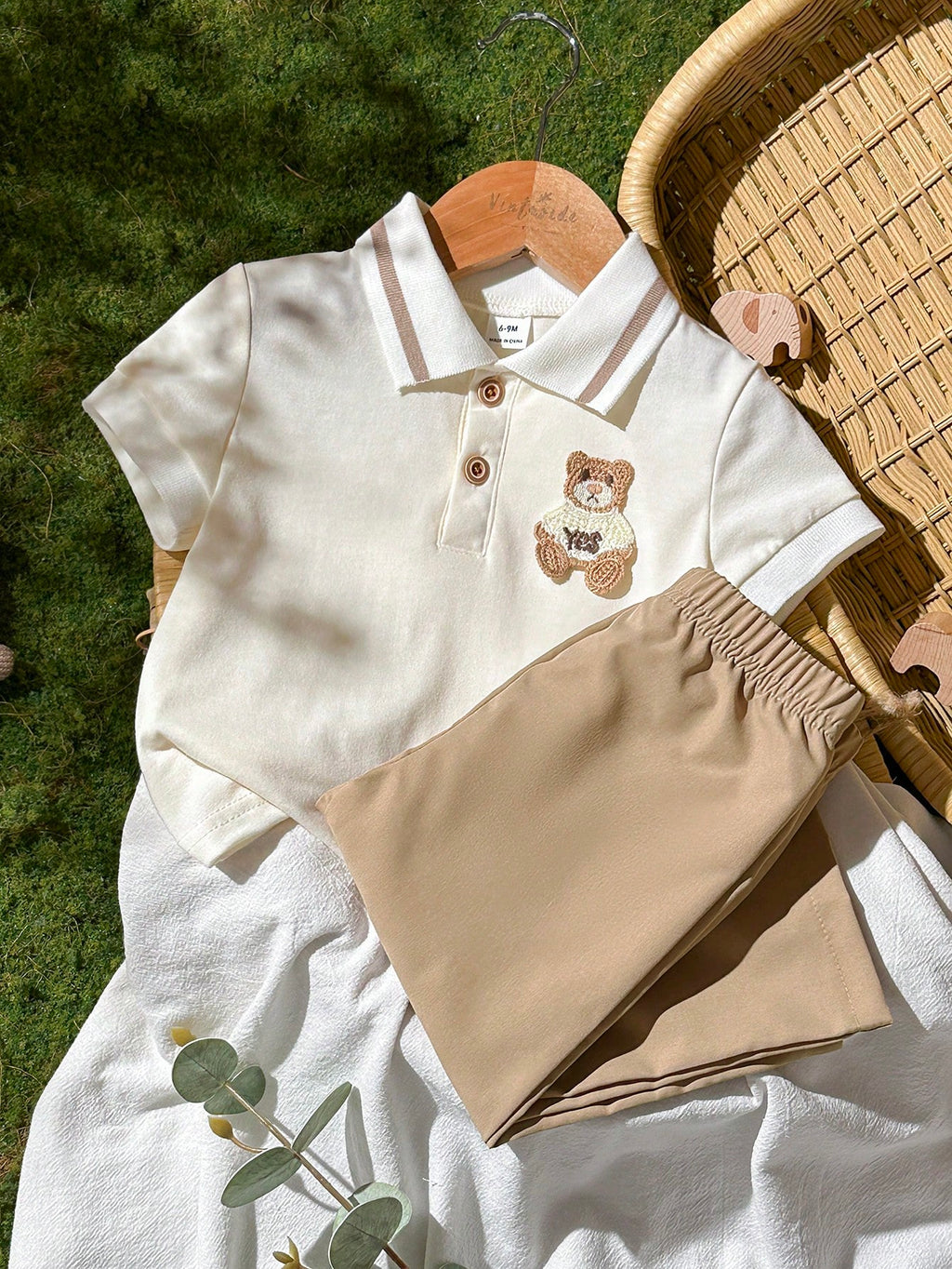 Vintaside Baby Boy Embroidered Bear Polo & Pants Set