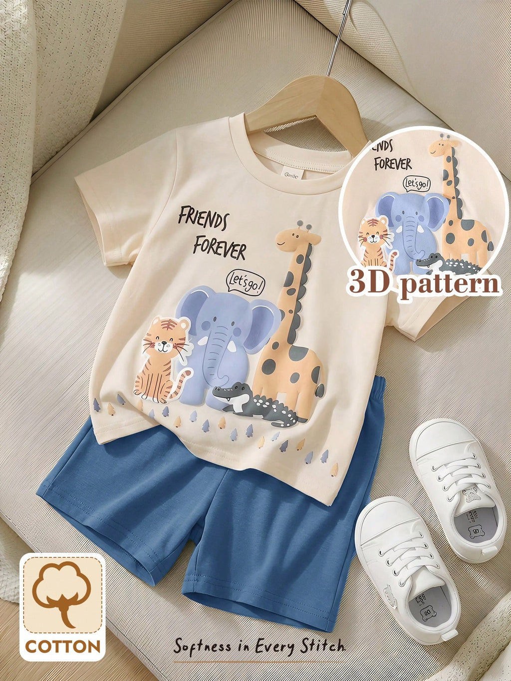 Bambinoo x Cozy Pixies Ensemble 2 pièces bébé tricoté haut et short imprimé animaux de dessin animé