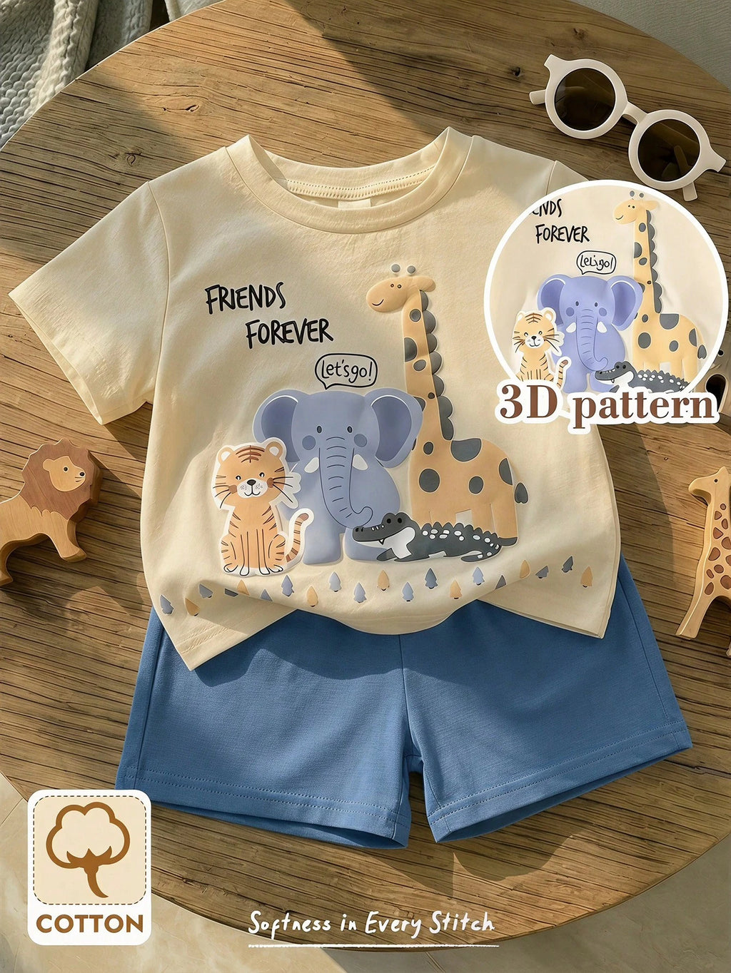 Bambinoo x Cozy Pixies Ensemble 2 pièces bébé tricoté haut et short imprimé animaux de dessin animé