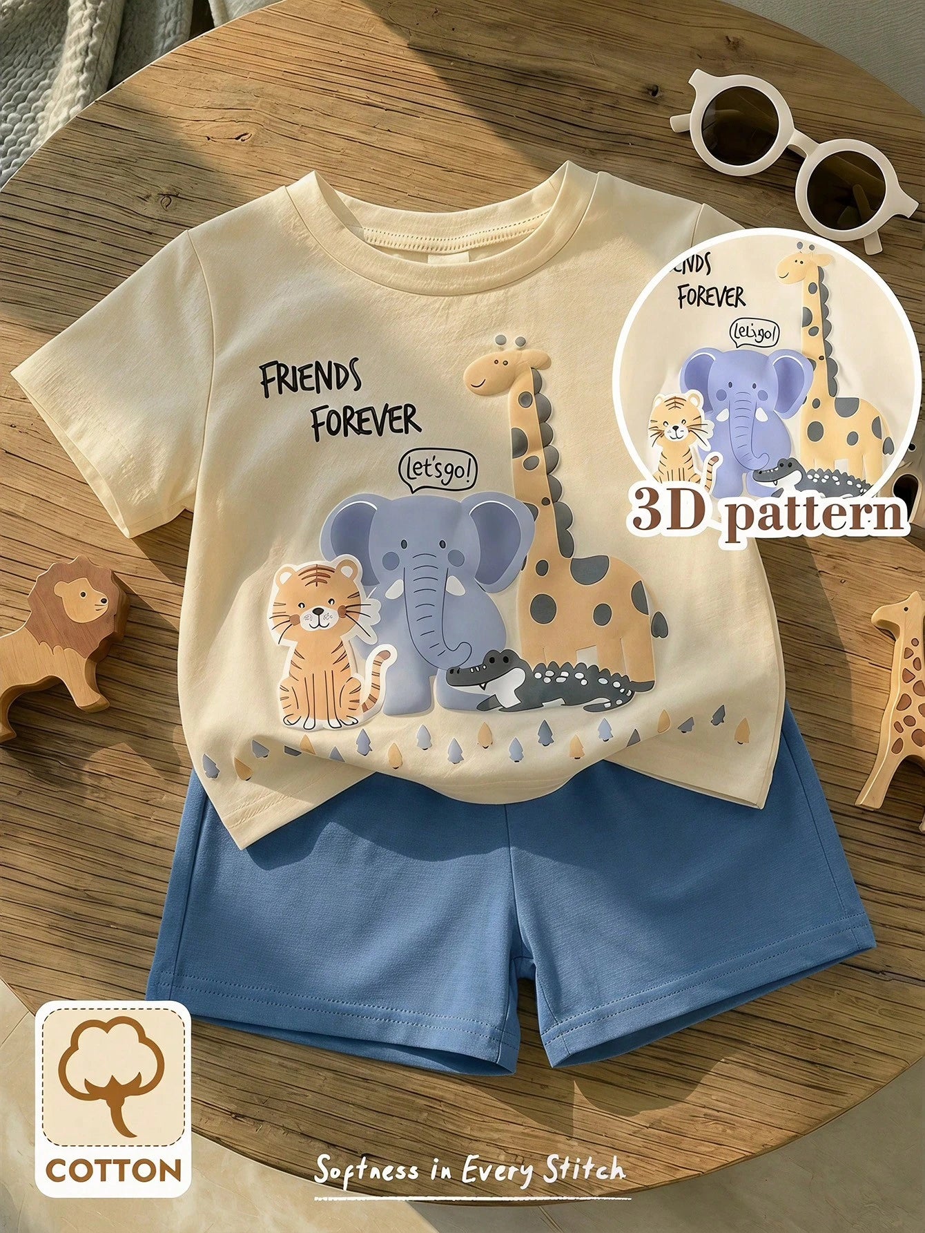 Bambinoo x Cozy Pixies Ensemble 2 pièces bébé tricoté haut et short imprimé animaux de dessin animé