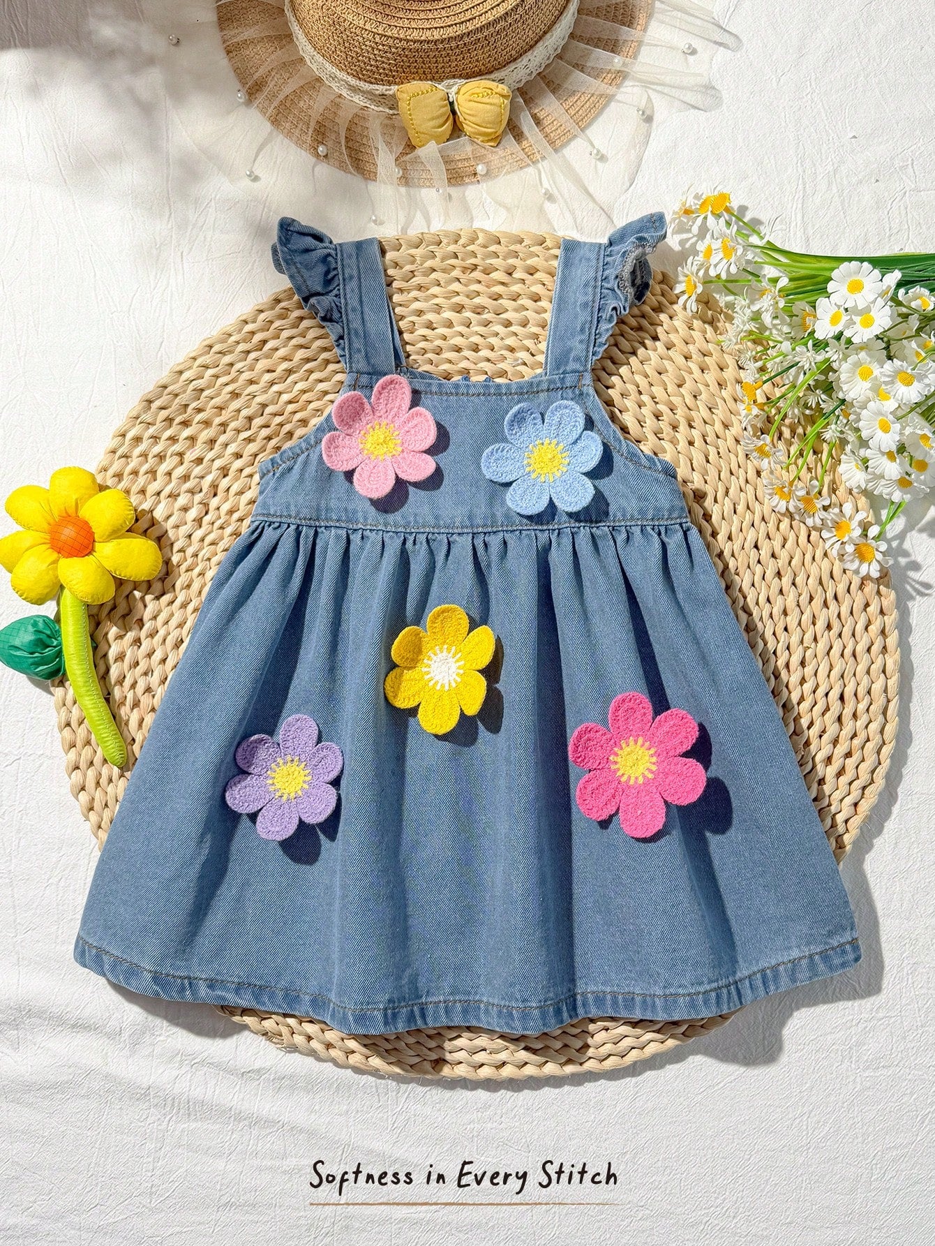 Robe en jean Bambinoo x Cozy Pixies pour bébé fille à motif floral marguerite et taille cintrée