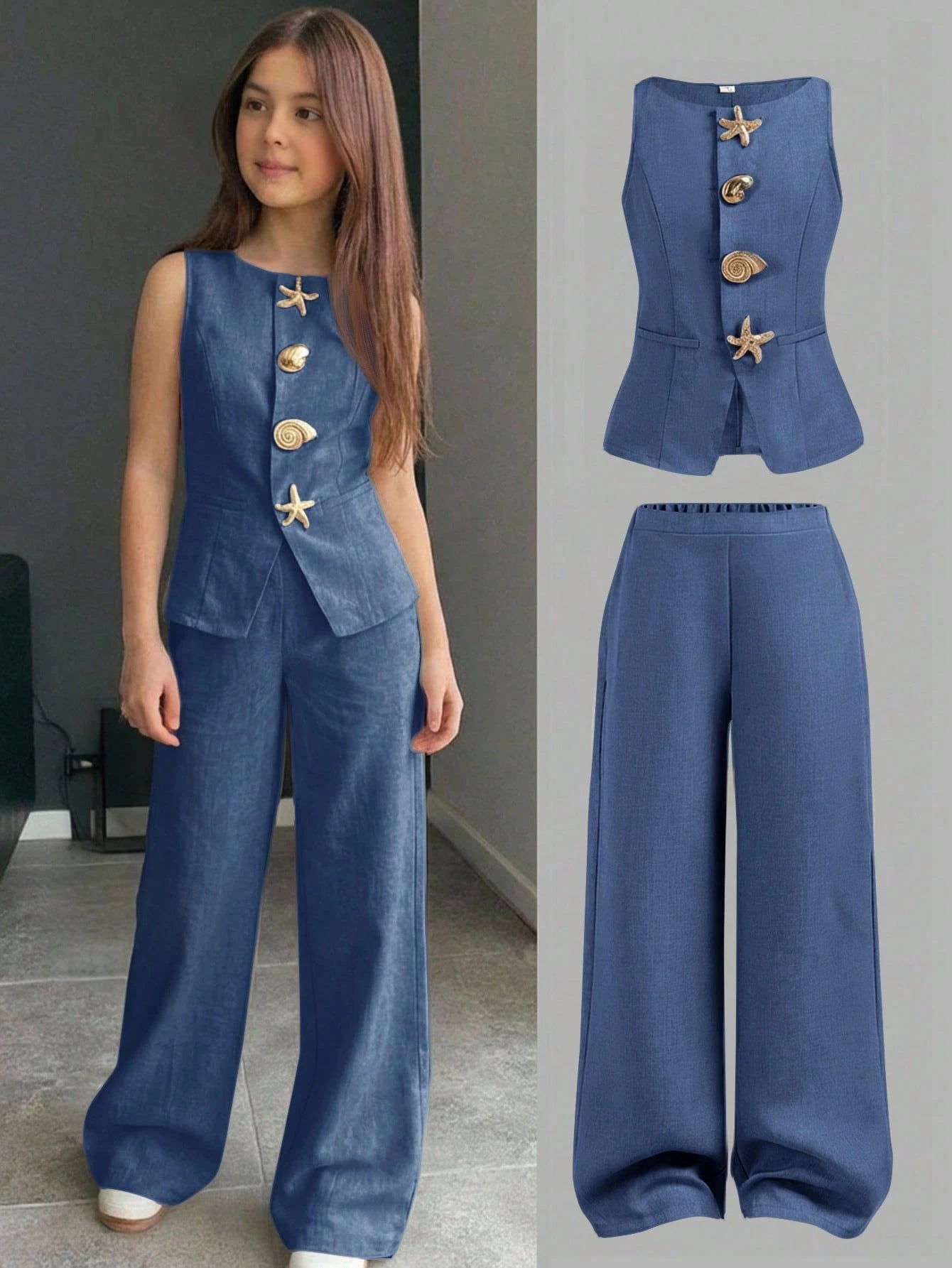 Firerie Kids Tween Girls' Fashion Casual Sleeveless Solid Color Top And Pants Set,Versatile For Party,Outing,Photoshoot,Park,Camping,Vacation,Daily Wear Blue