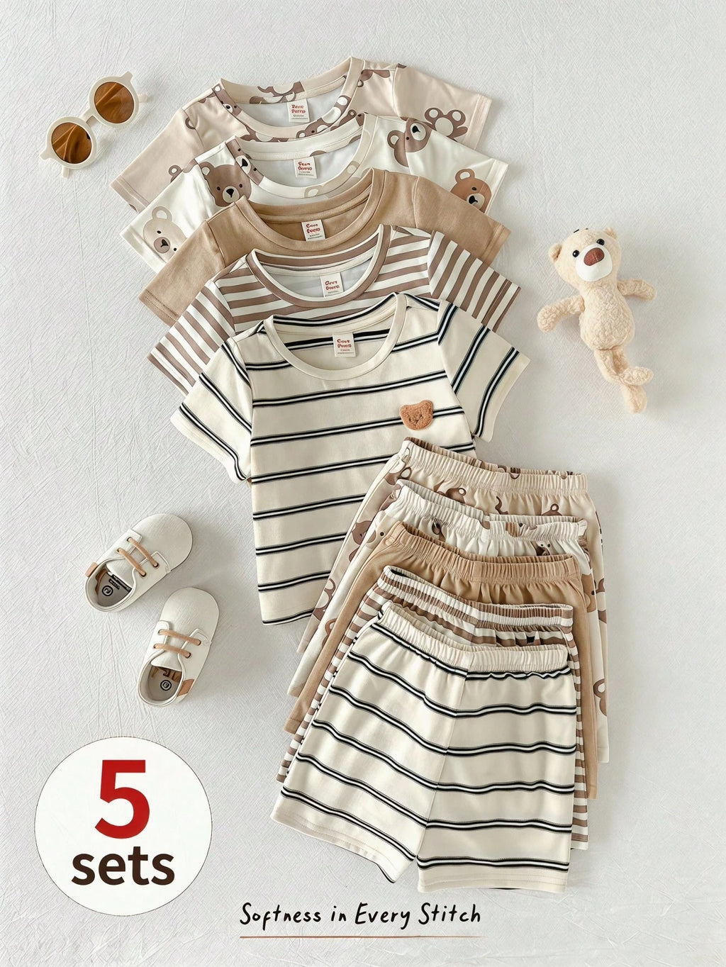 Cozy Pixies Baby Boy Cartoon Bear & Stripes Pattern Crew Neck Short Sleeve Pullover Top & Elastic Waist Shorts 5-Piece Set Multicolor