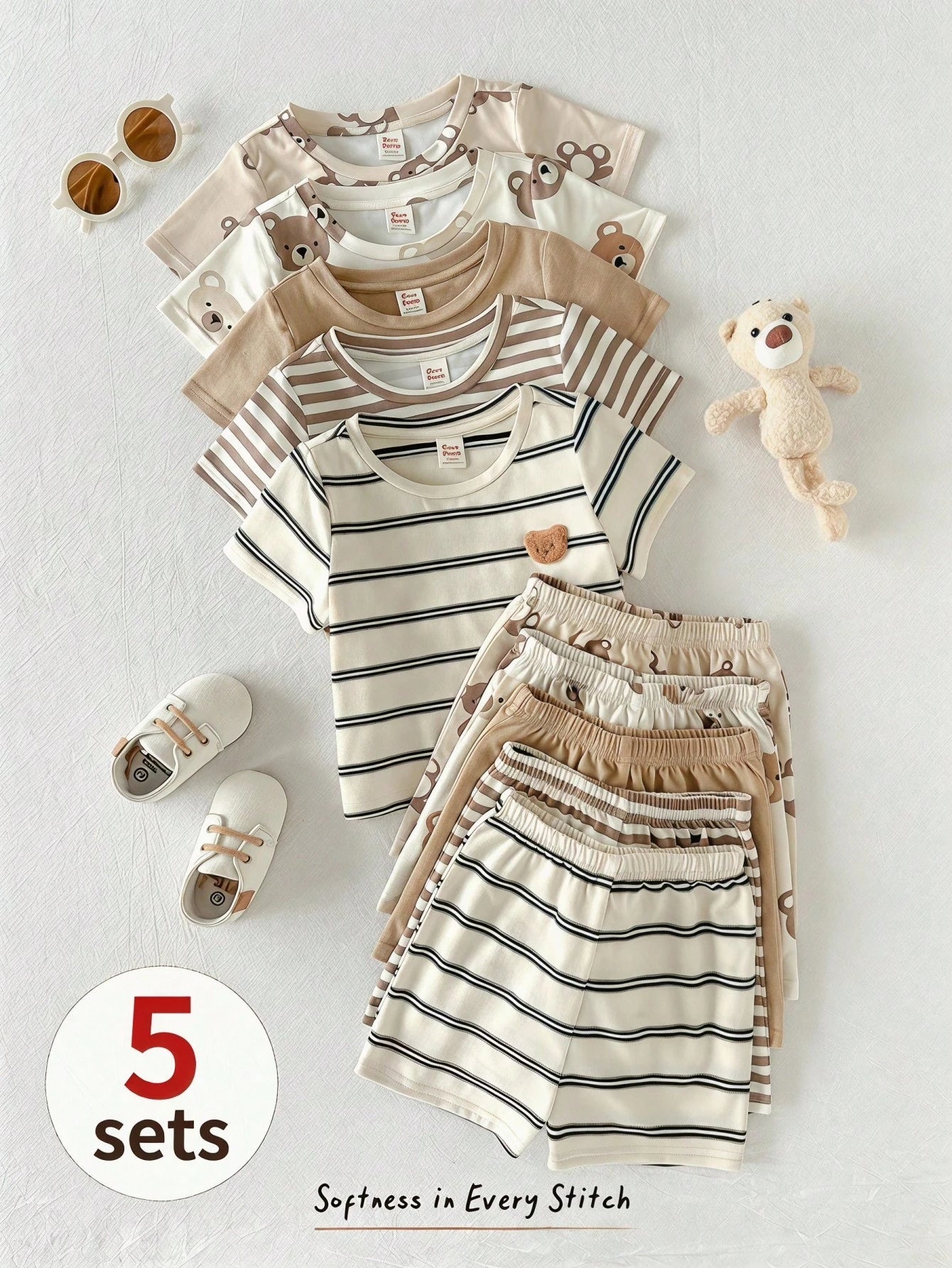 Cozy Pixies Baby Boy Cartoon Bear & Stripes Pattern Crew Neck Short Sleeve Pullover Top & Elastic Waist Shorts 5-Piece Set Multicolor