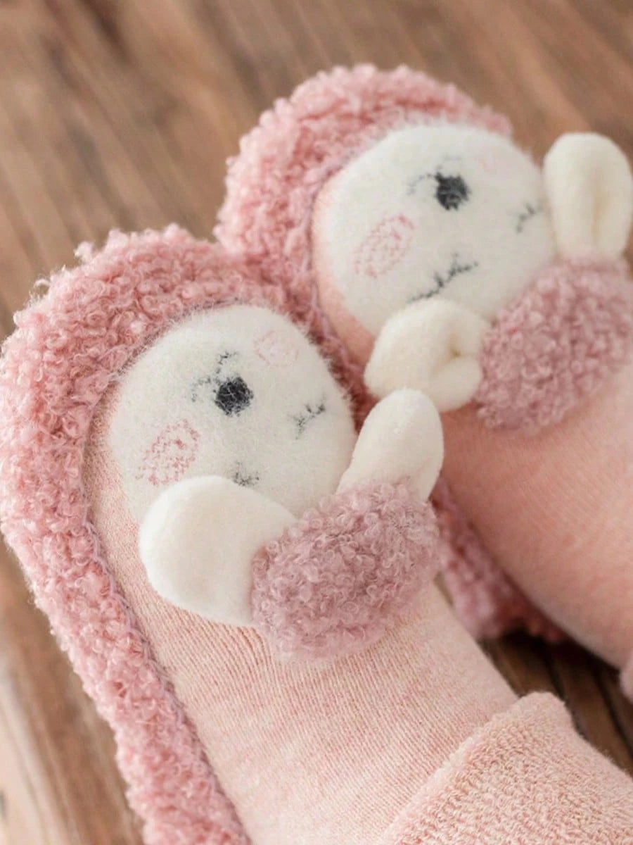 1pair Baby Girls' Thickened, Cute, Anti-slip Floor Socks In Pink