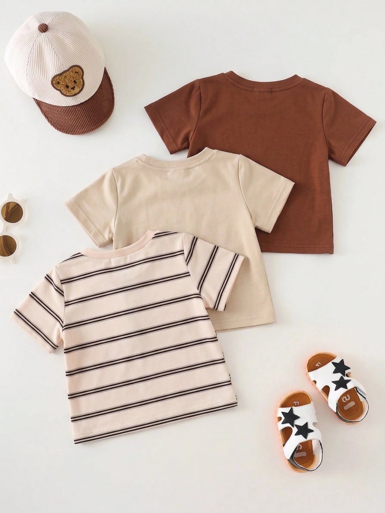 Cute Bear & Stripe Knit T-Shirt 3 Pieces Set Stripes Beige