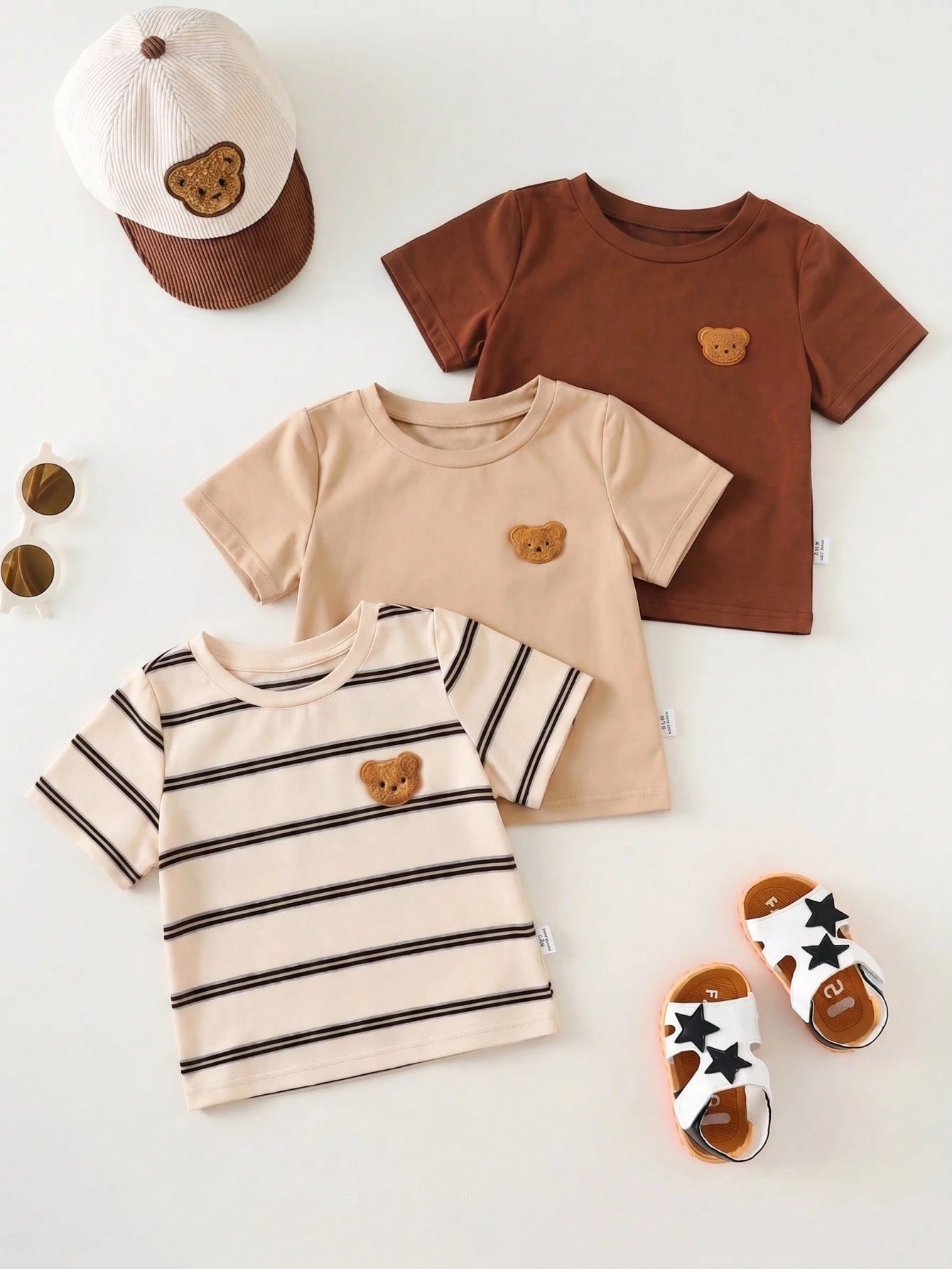 Cute Bear & Stripe Knit T-Shirt 3 Pieces Set Stripes Beige