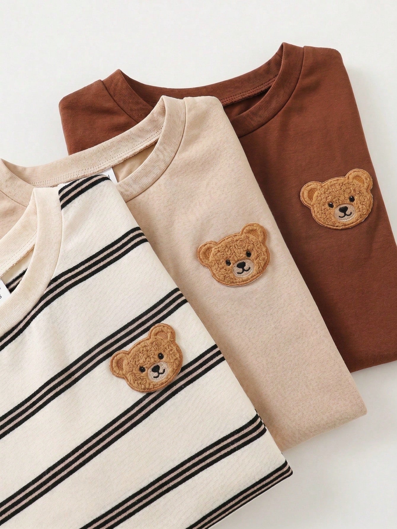 Cute Bear & Stripe Knit T-Shirt 3 Pieces Set Stripes Beige