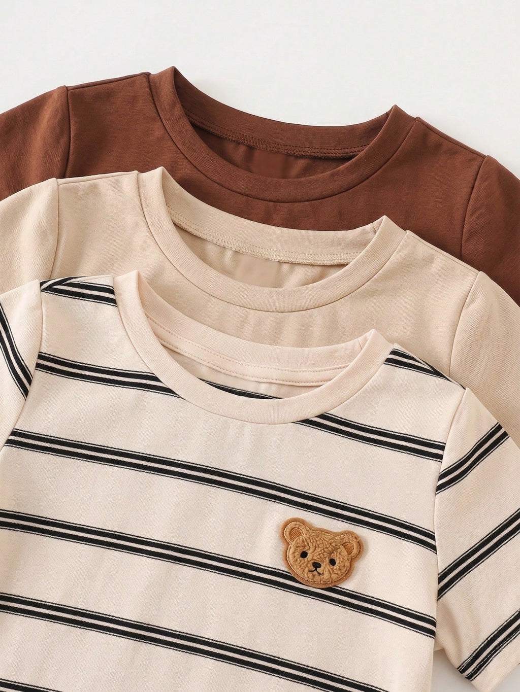 Cute Bear & Stripe Knit T-Shirt 3 Pieces Set Stripes Beige