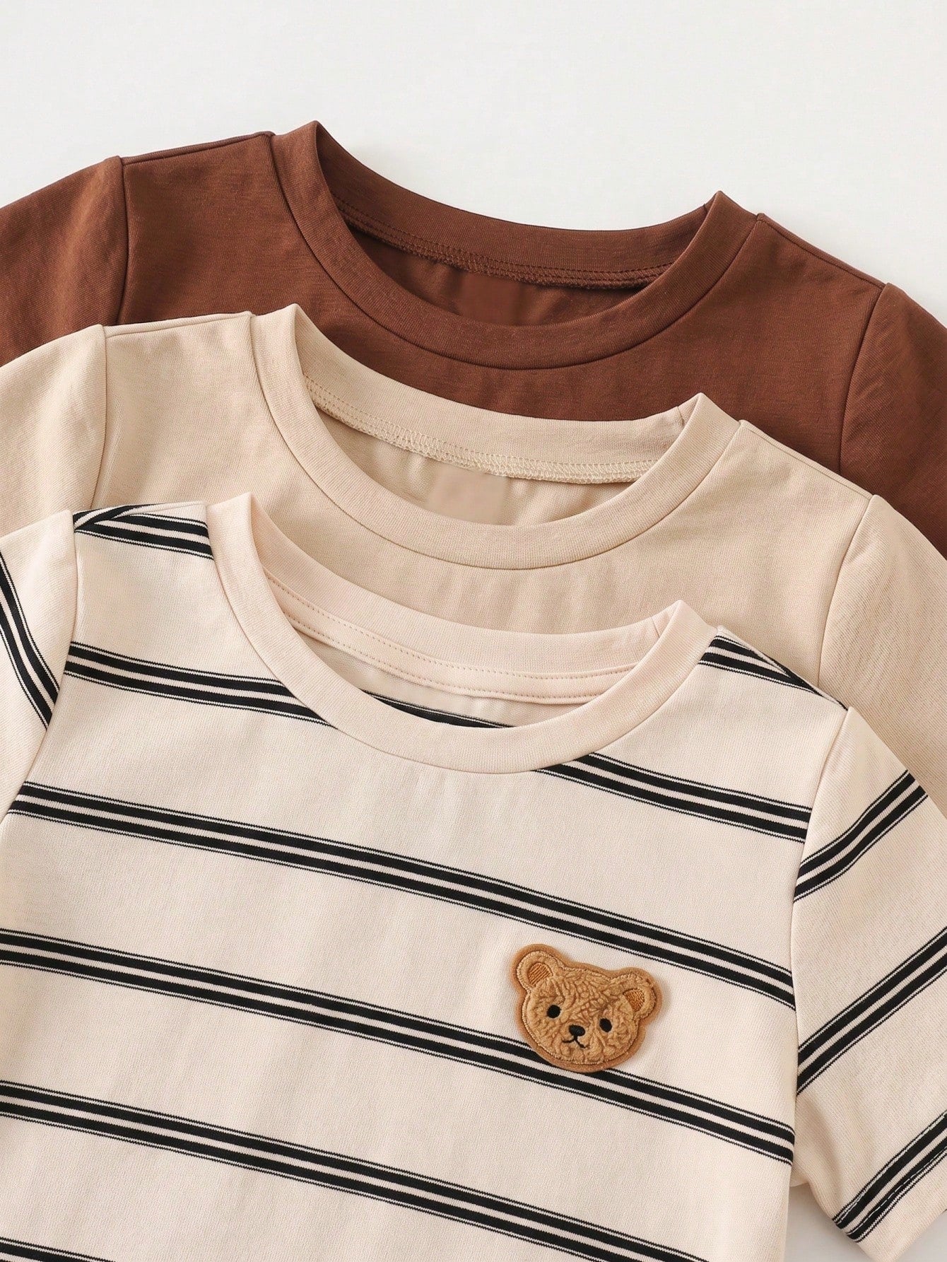 Cute Bear & Stripe Knit T-Shirt 3 Pieces Set Stripes Beige