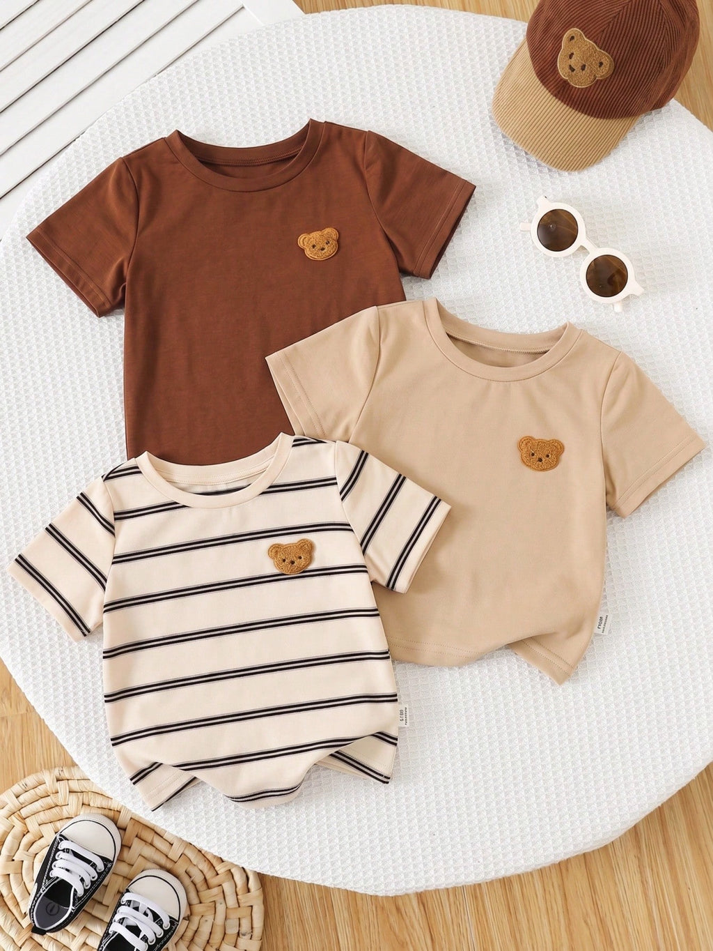 Cute Bear & Stripe Knit T-Shirt 3 Pieces Set Stripes Beige